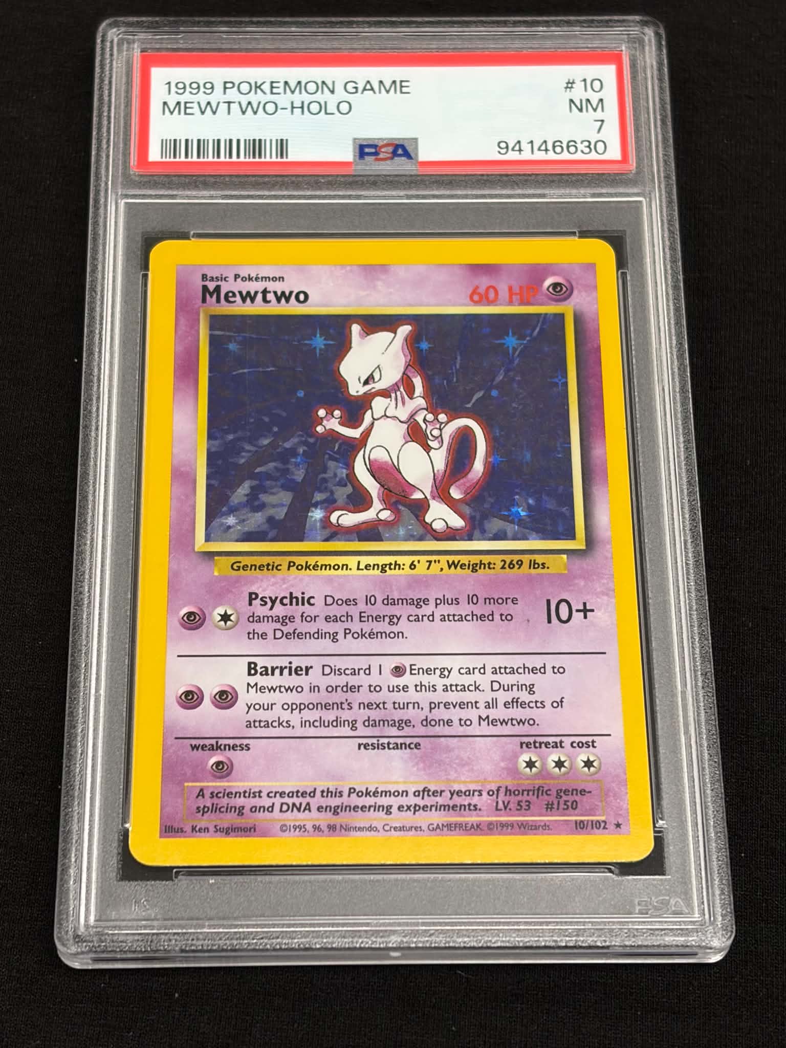 1999 Pokémon Base Set Mewtwo Holo #10/102 PSA 7 NM — Front