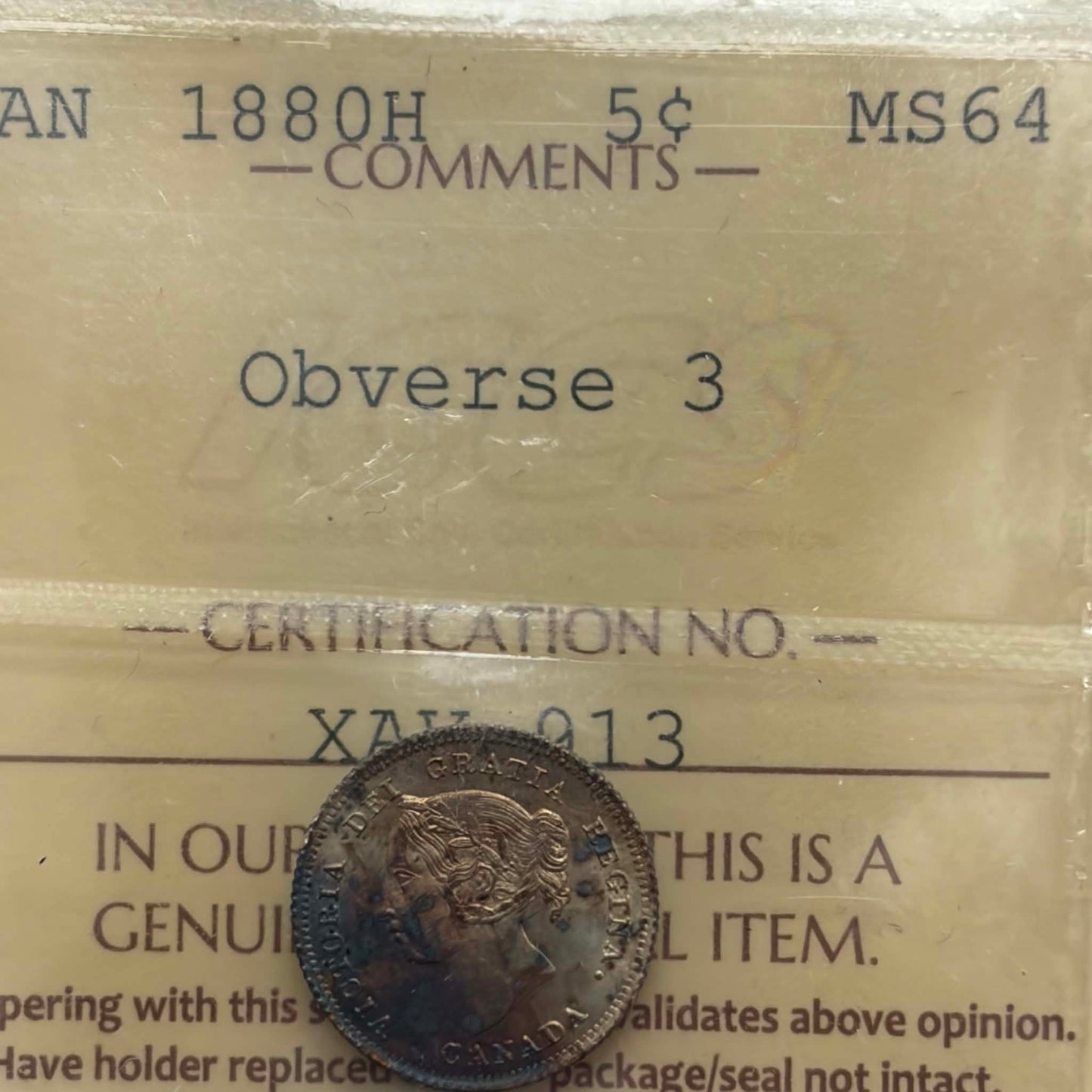 ICCS certification label — 1880H Canadian 5 Cents MS-64 Obverse 3, Cert No. XAV 913