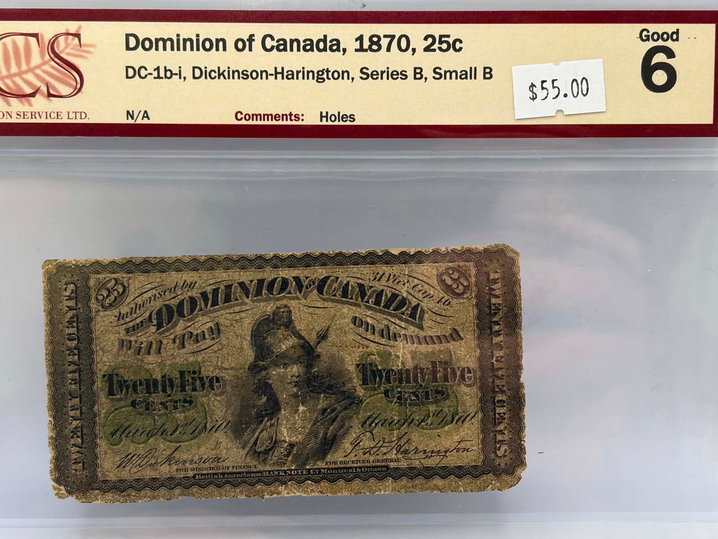 1870 Dominion of Canada 25 Cents DC-1b-i Dickinson-Harington BCS Good 6 - Obverse