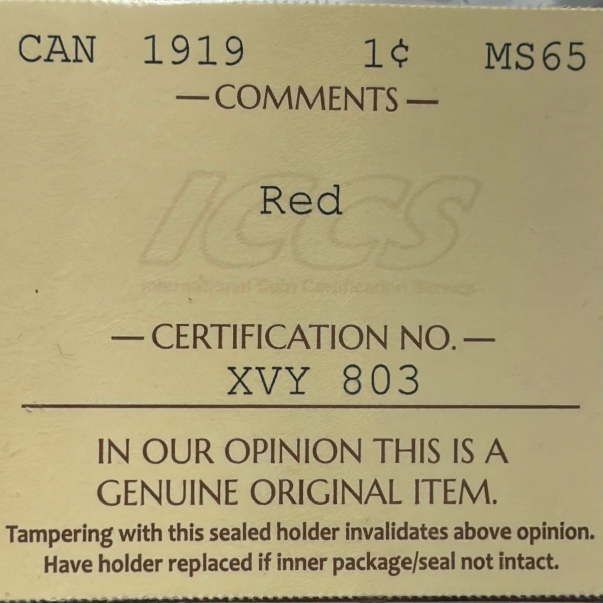 1919 Canadian 1 Cent — ICCS MS-65 Red | George V | Gem Uncirculated