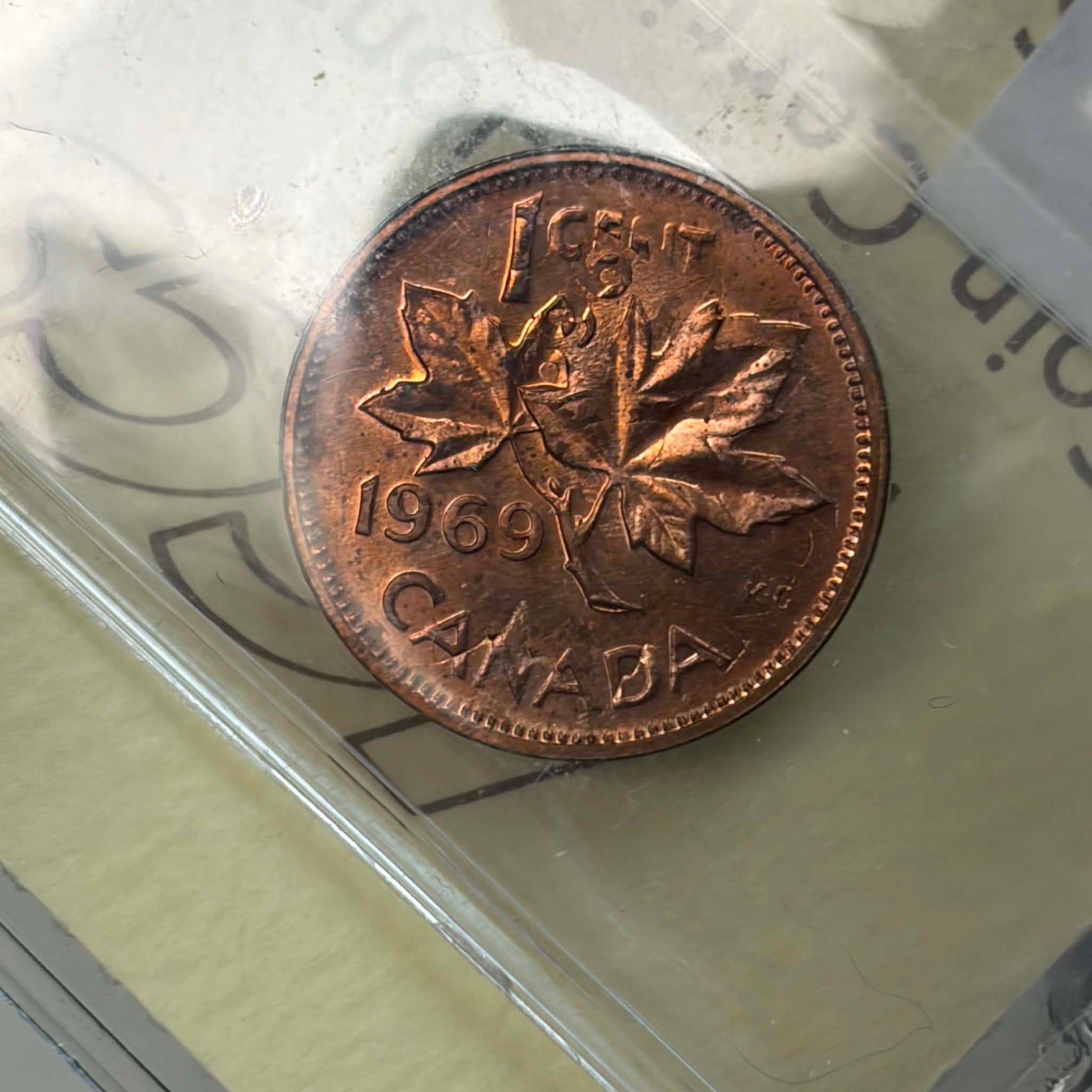 1969 Canadian 1 Cent — reverse showing double struck maple twig design CANADA 1969 in ICCS holder
