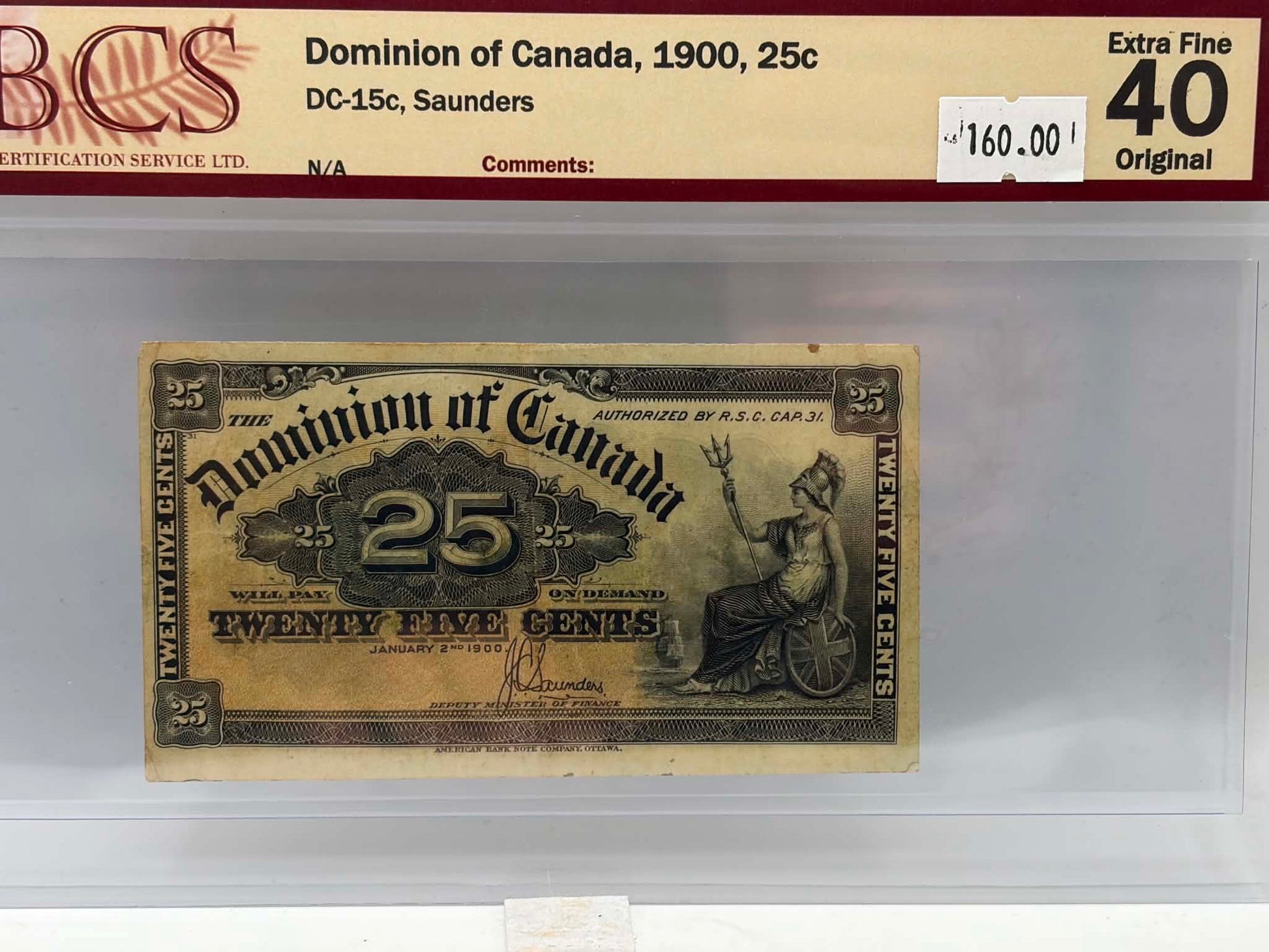 1900 Dominion of Canada 25 Cents Banknote DC-15c Saunders BCS EF-40 Original - Obverse