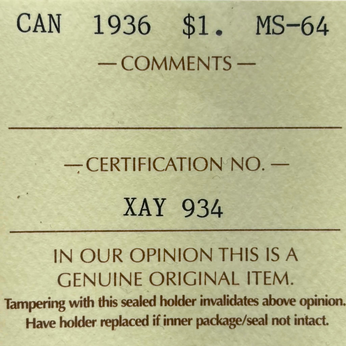 ICCS certification label — 1936 Canadian $1 MS-64, Cert No. XAY 934