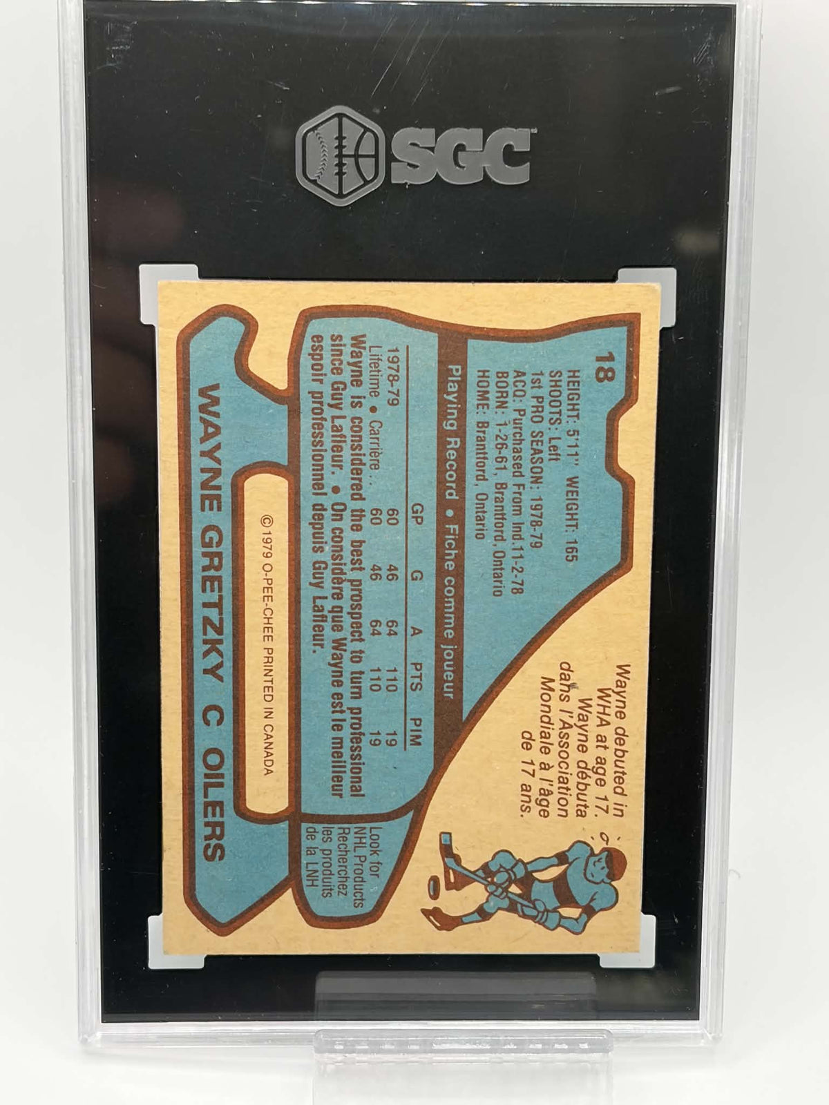 1979-80 O-Pee-Chee #18 Wayne Gretzky rookie card front in SGC 3.5 VG+ holder, certification 4092266