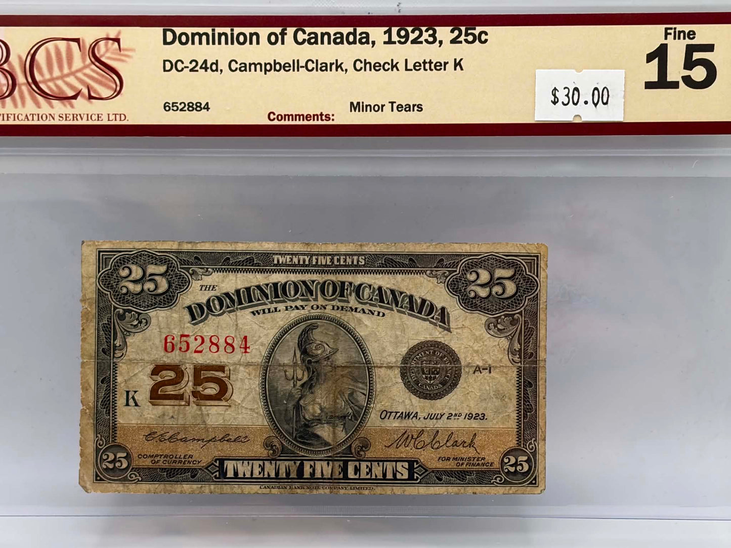 1923 Dominion of Canada 25 Cents DC-24d Campbell-Clark Check Letter K BCS Fine 15 - Obverse
