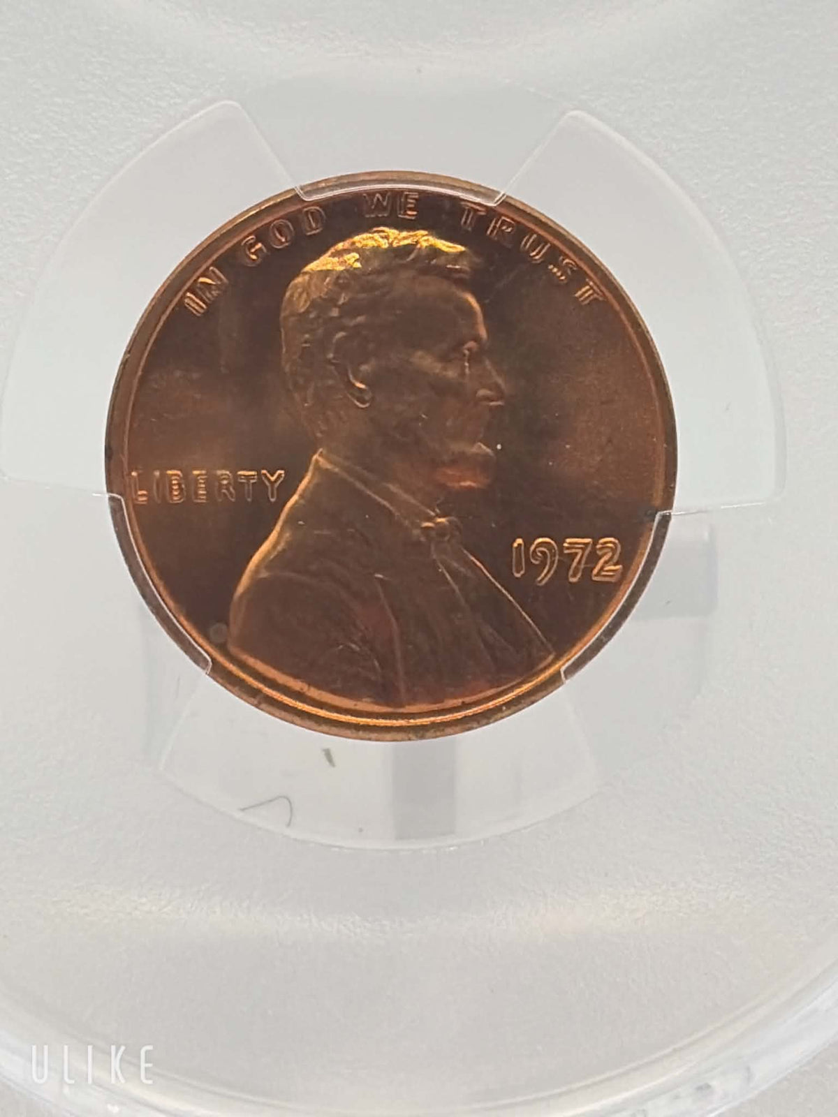 1972 Lincoln Cent — obverse showing dramatic doubled die doubling on LIBERTY IN GOD WE TRUST and date 1972, PCGS MS-65 RD
