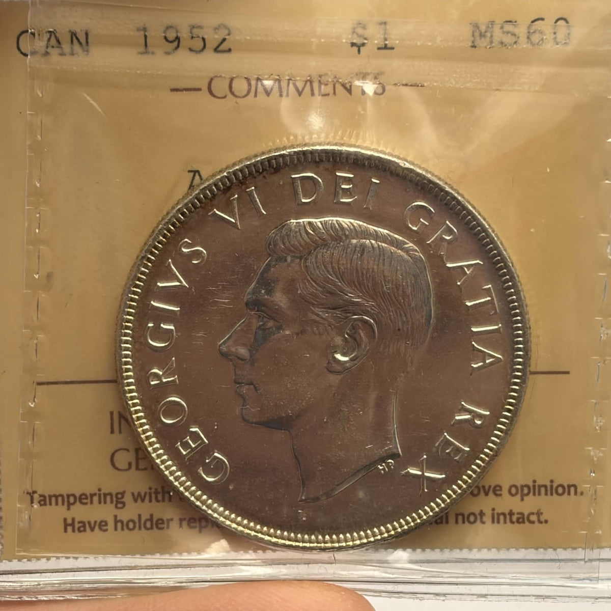 ICCS label showing 1952 dollar MS60 Arnprior, certification XCO 234