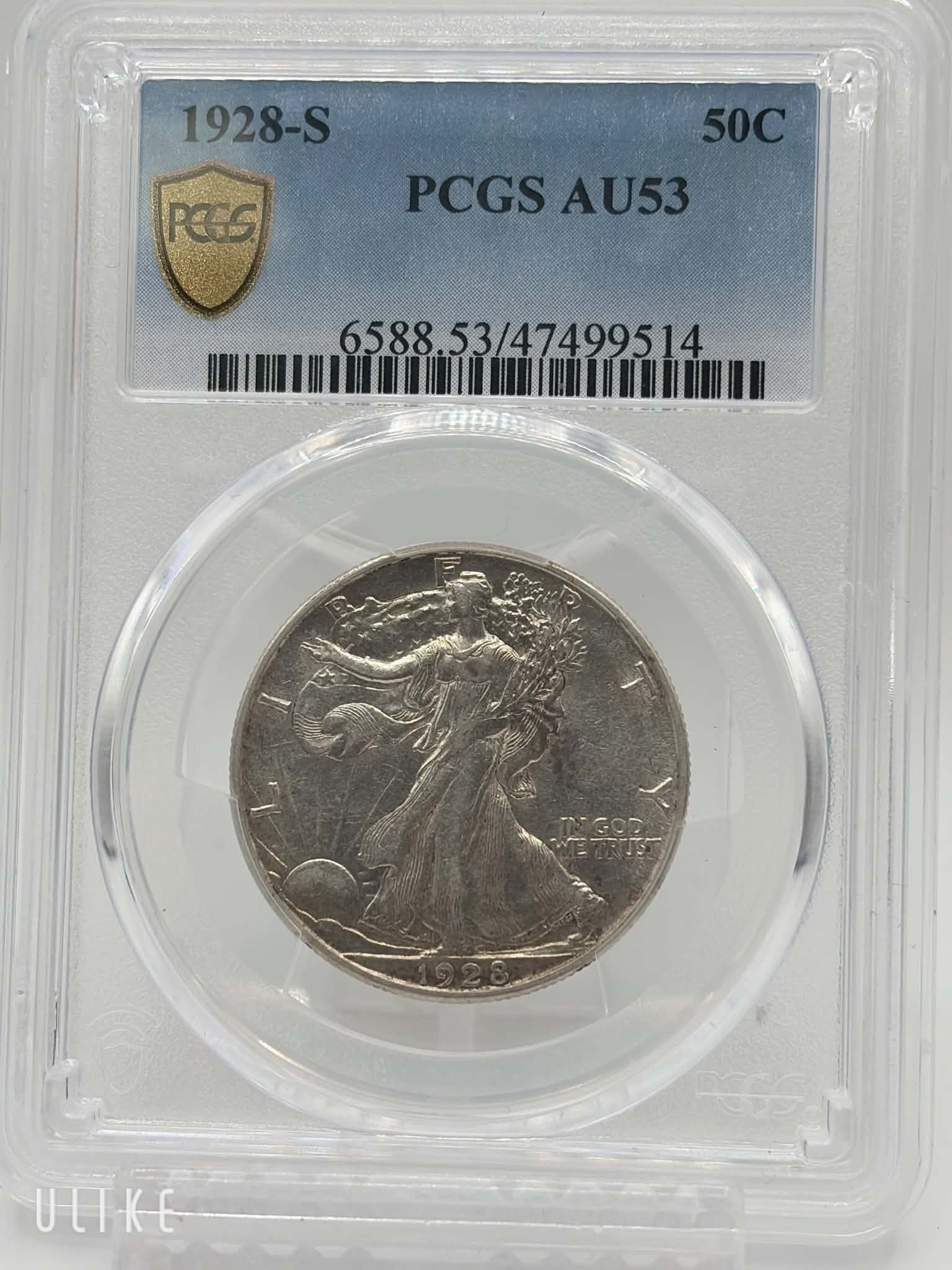 PCGS label — 1928-S Walking Liberty Half Dollar AU-53, Cert No. 47499514