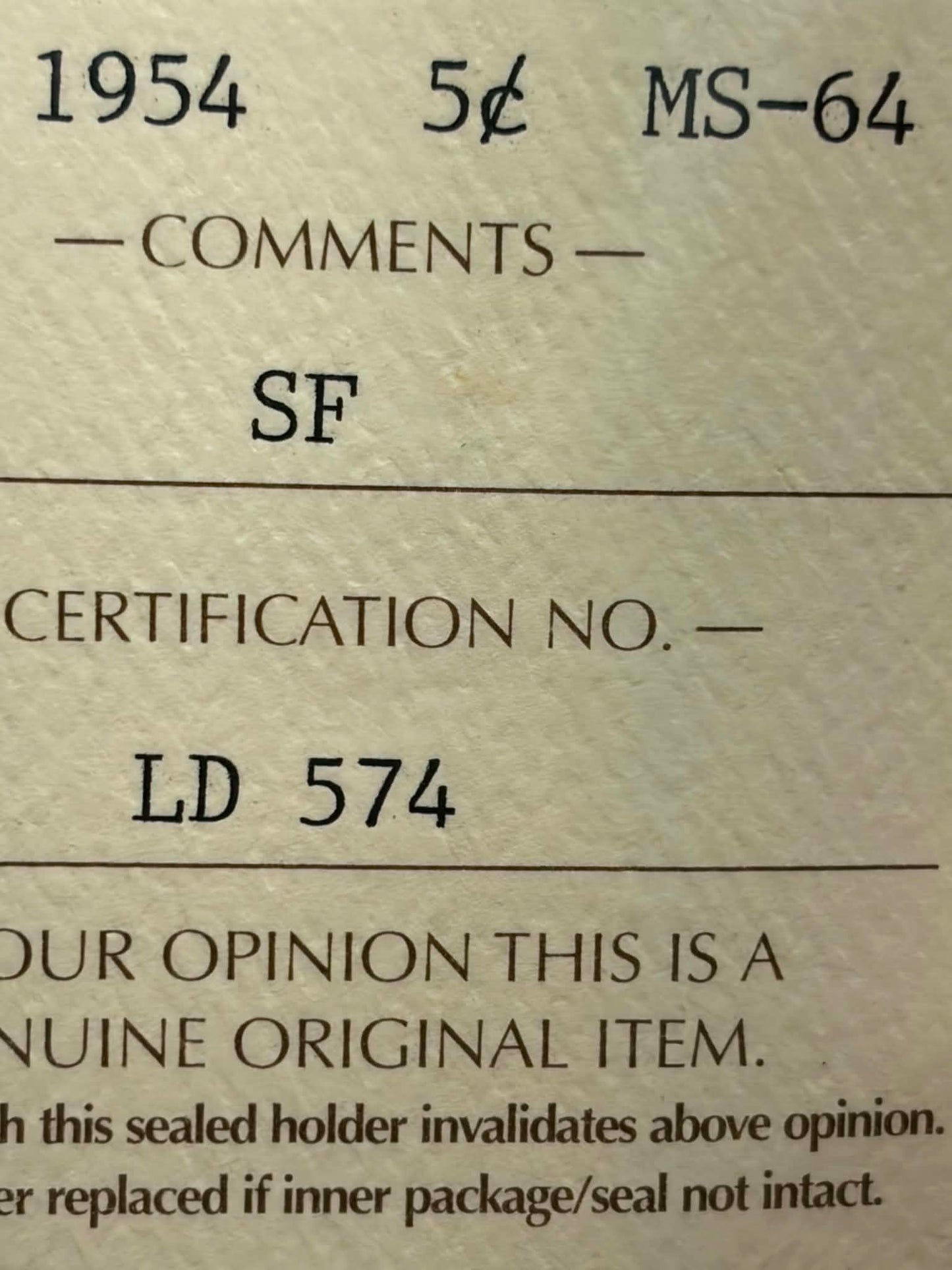 ICCS certification label for 1954 Canadian 5 Cent MS-64 SF — Cert No. LD 574