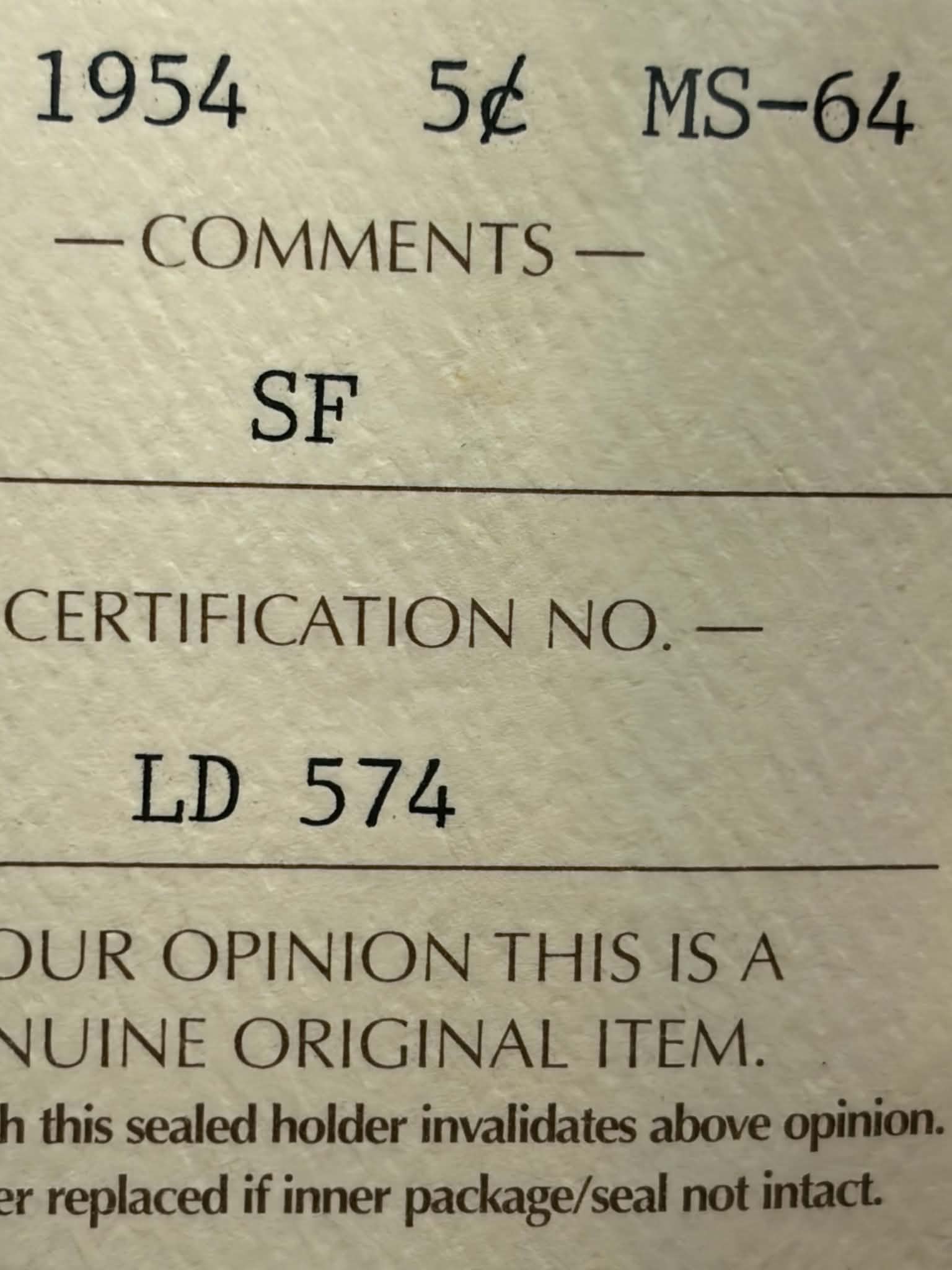 ICCS certification label for 1954 Canadian 5 Cent MS-64 SF — Cert No. LD 574