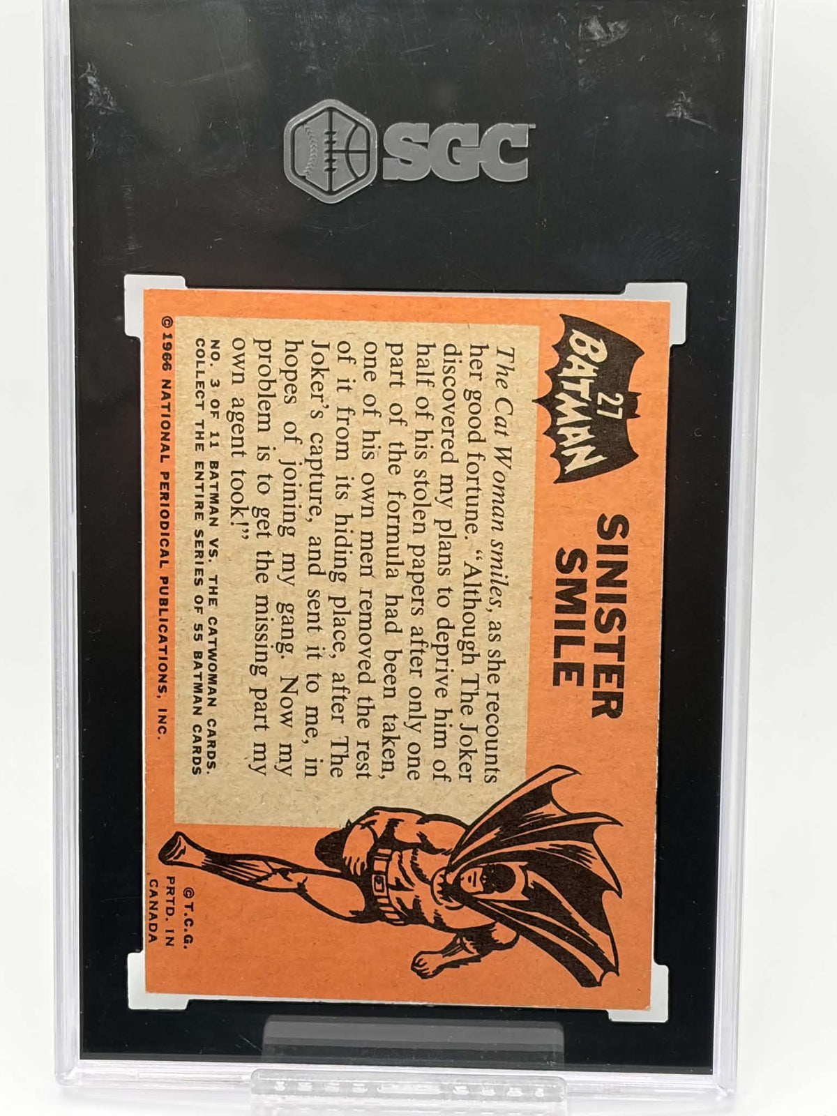Reverse of 1966 Topps Batman #27 Sinister Smile with PRTD. IN CANADA marking