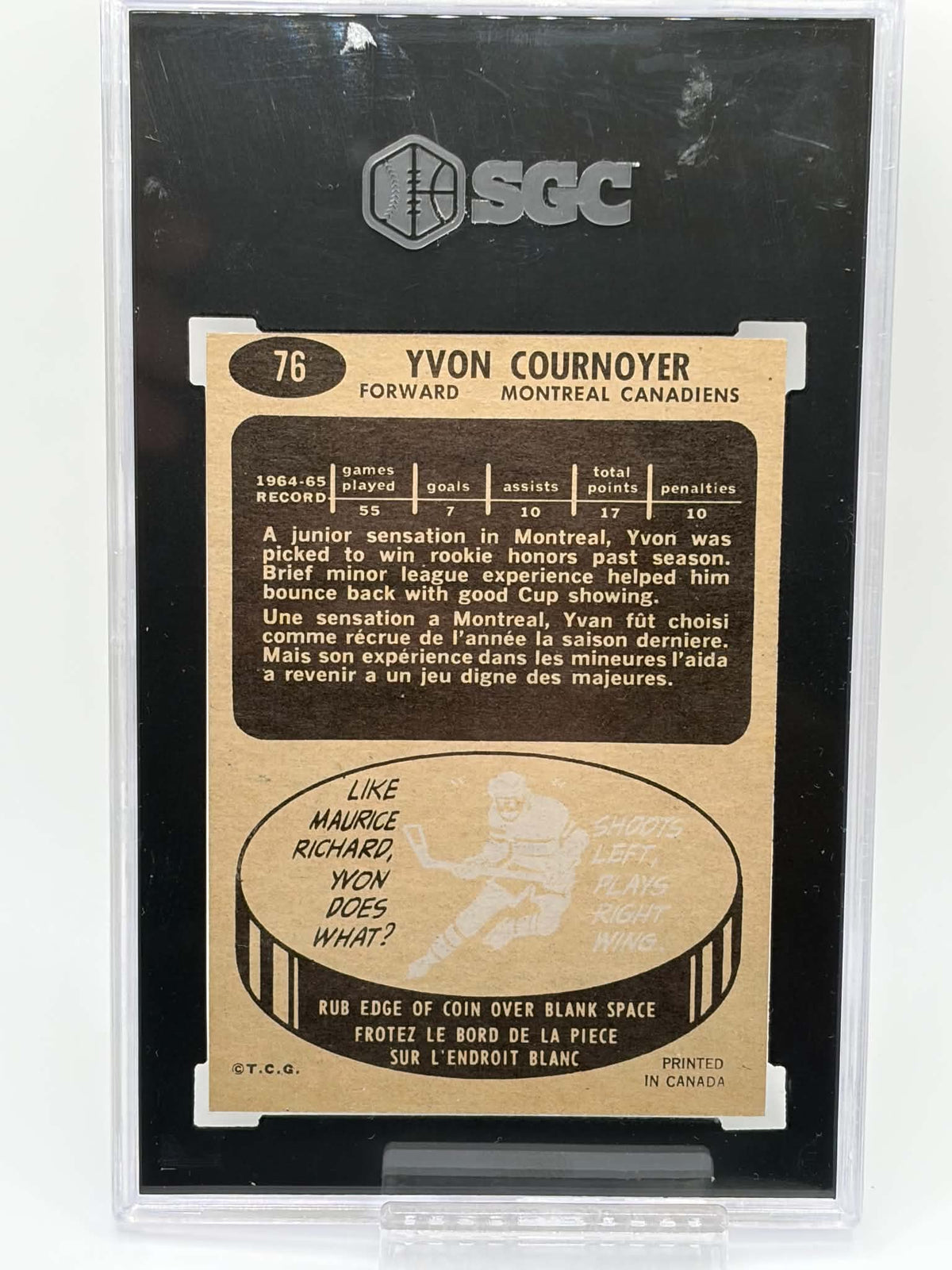 1965-66 Topps #76 Yvon Cournoyer rookie card front in SGC 8 NM-MT holder, certification 8556144