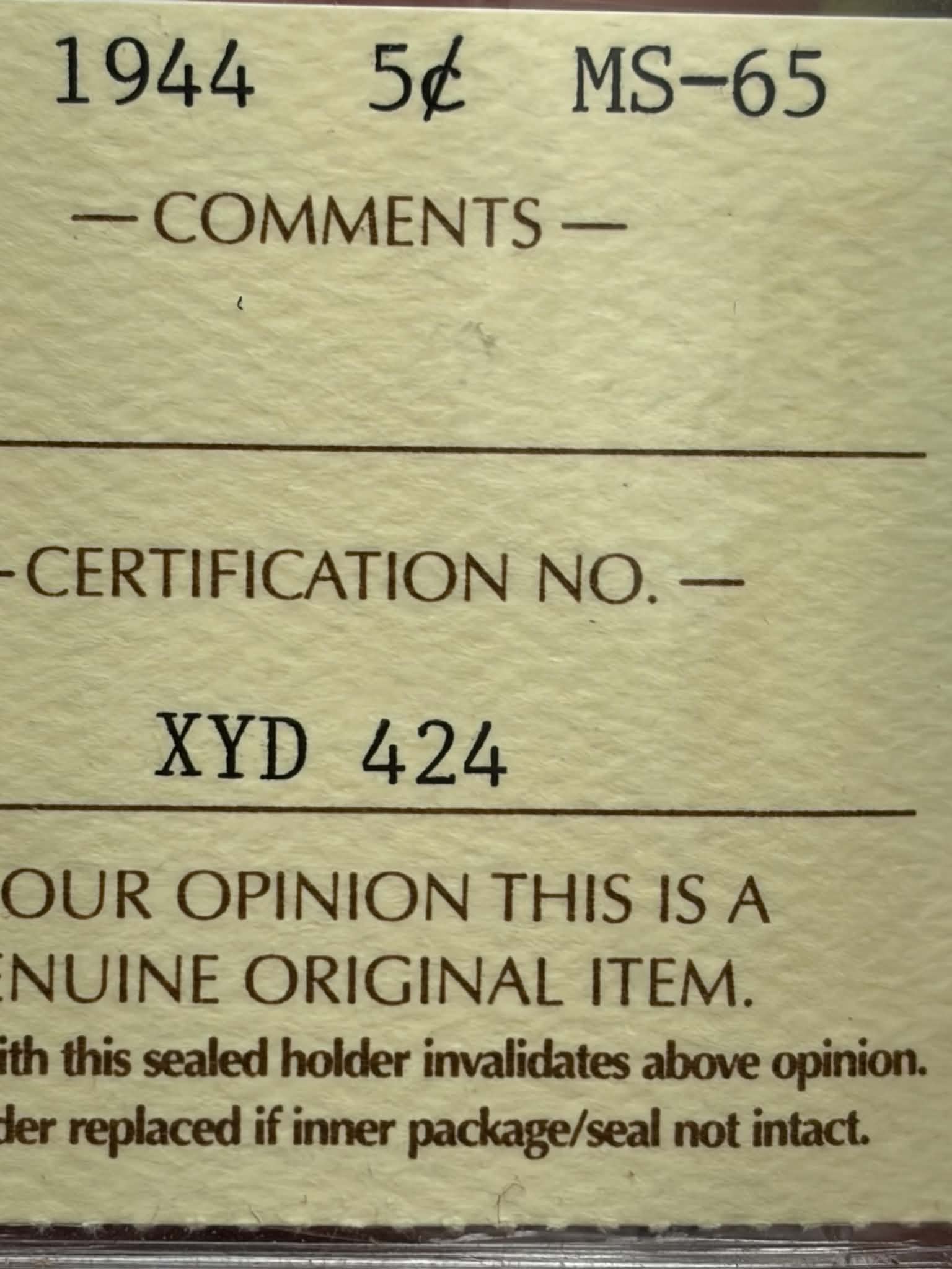 ICCS certification label for 1944 Canadian 5 Cent MS-65 — Cert No. XYD 424