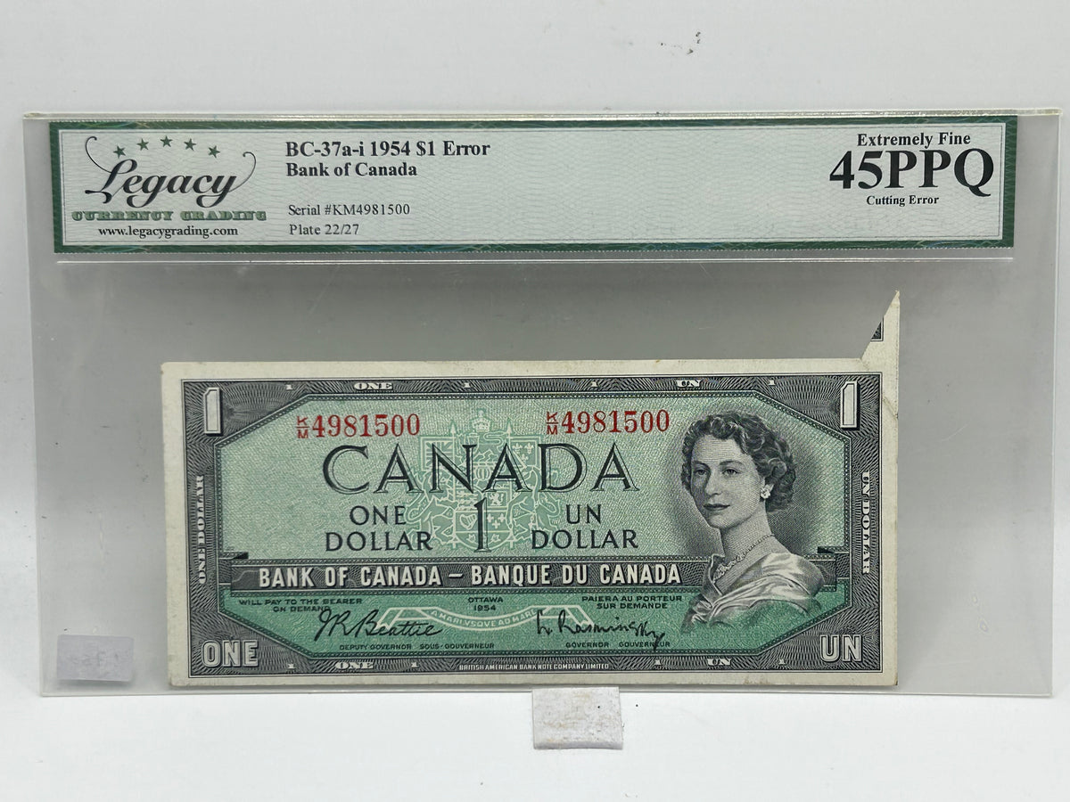 1954 Bank of Canada $1 Error BC-37a-i Beattie-Rasminsky Cutting Error Legacy Extremely Fine 45PPQ - Obverse