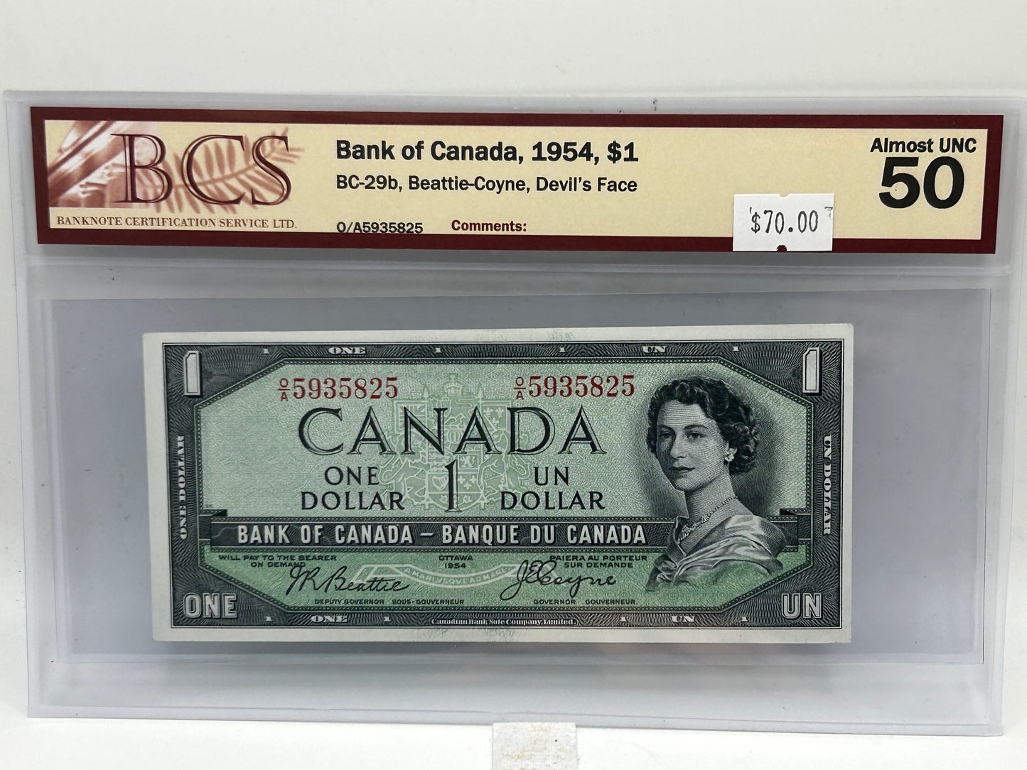 1954 Bank of Canada $1 BC-29b Beattie-Coyne Devil's Face BCS Almost UNC 50 - Obverse