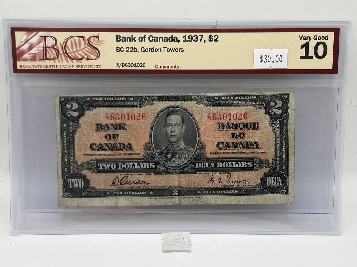 1937 Bank of Canada $2 BC-22b Gordon-Towers BCS Very Good 10 - Obverse