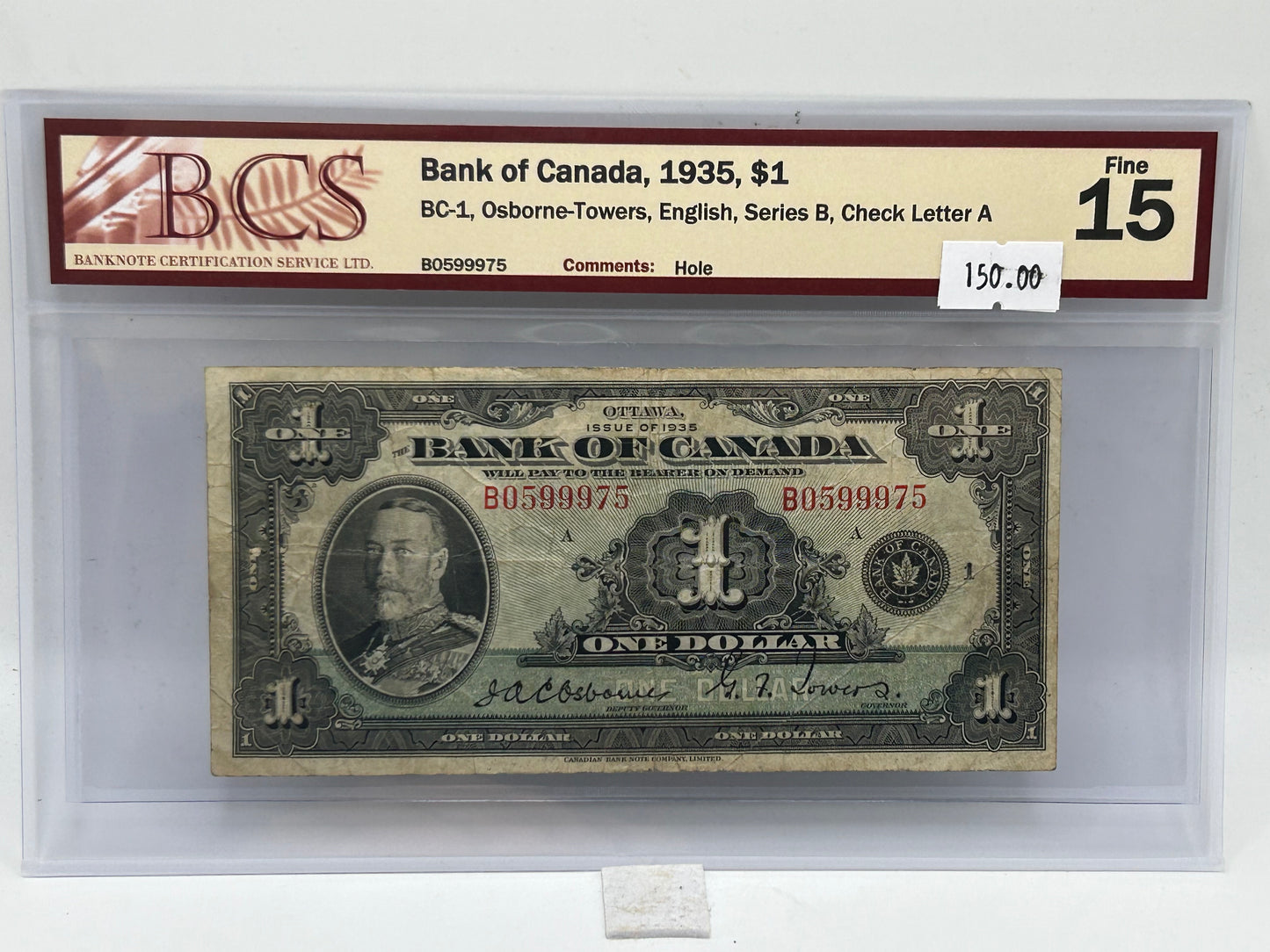 1935 Bank of Canada $1 BC-1 Osborne-Towers English Series B Check Letter A BCS Fine 15 - Obverse