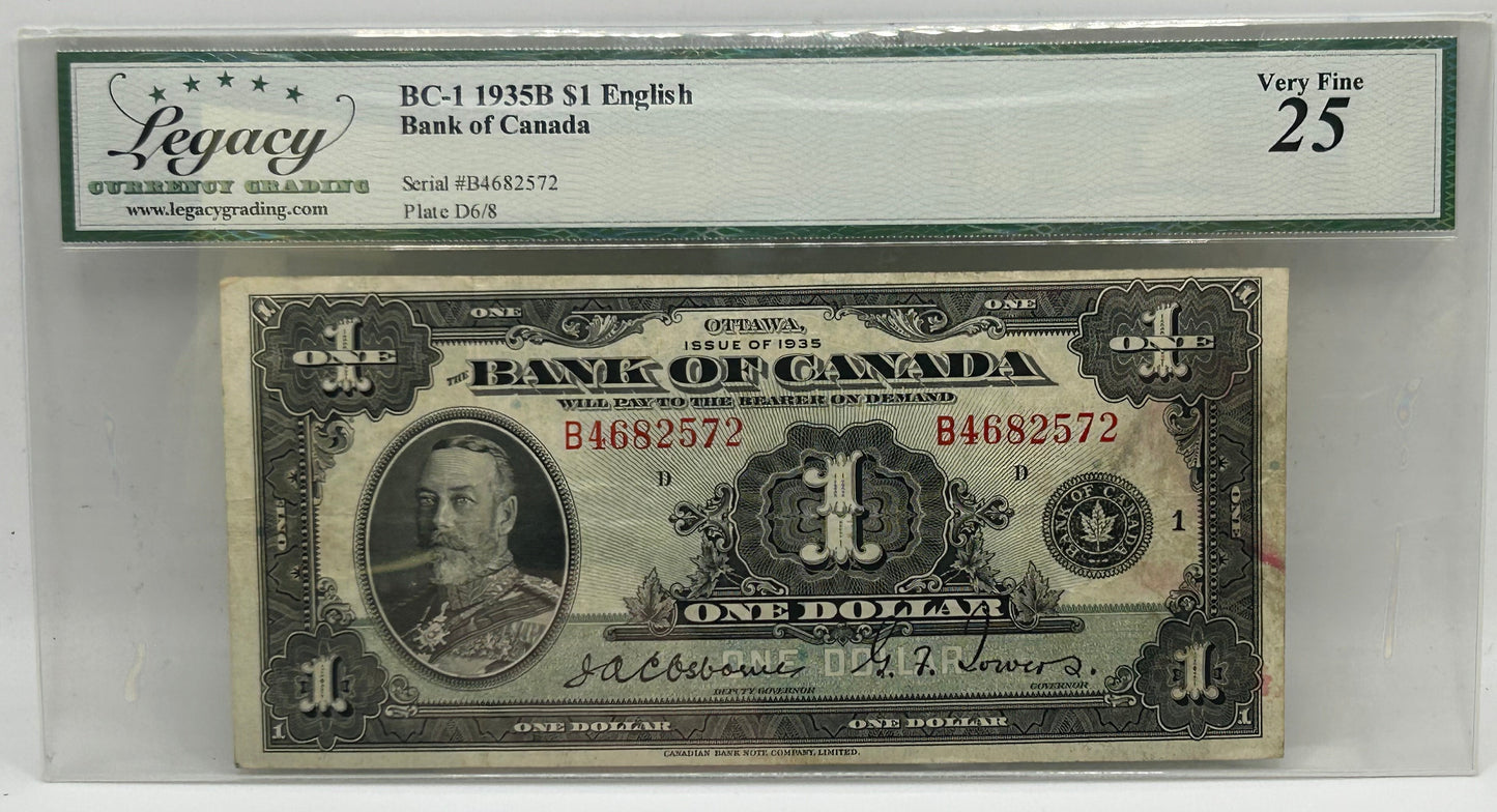 1935 Bank of Canada $1 English BC-1 Osborne-Towers Legacy Very Fine 25 - Reverse