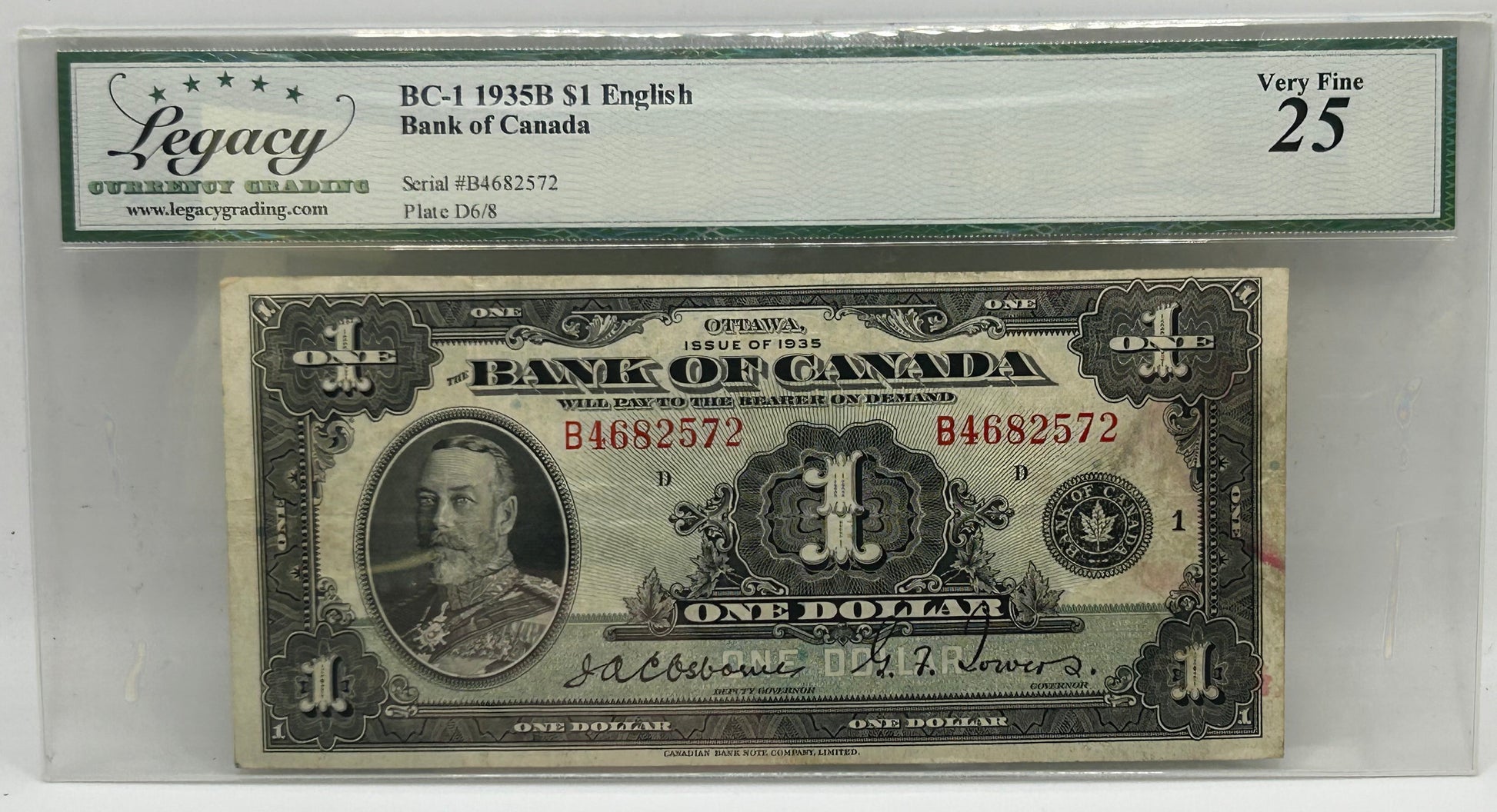 1935 Bank of Canada $1 English BC-1 Osborne-Towers Legacy Very Fine 25 - Reverse