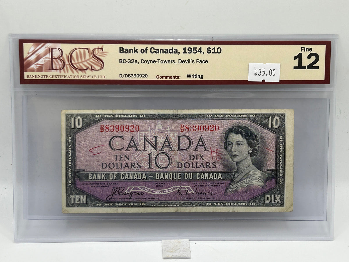 1954 Bank of Canada $10 BC-32a Coyne-Towers Devil's Face BCS Fine 12 - Reverse