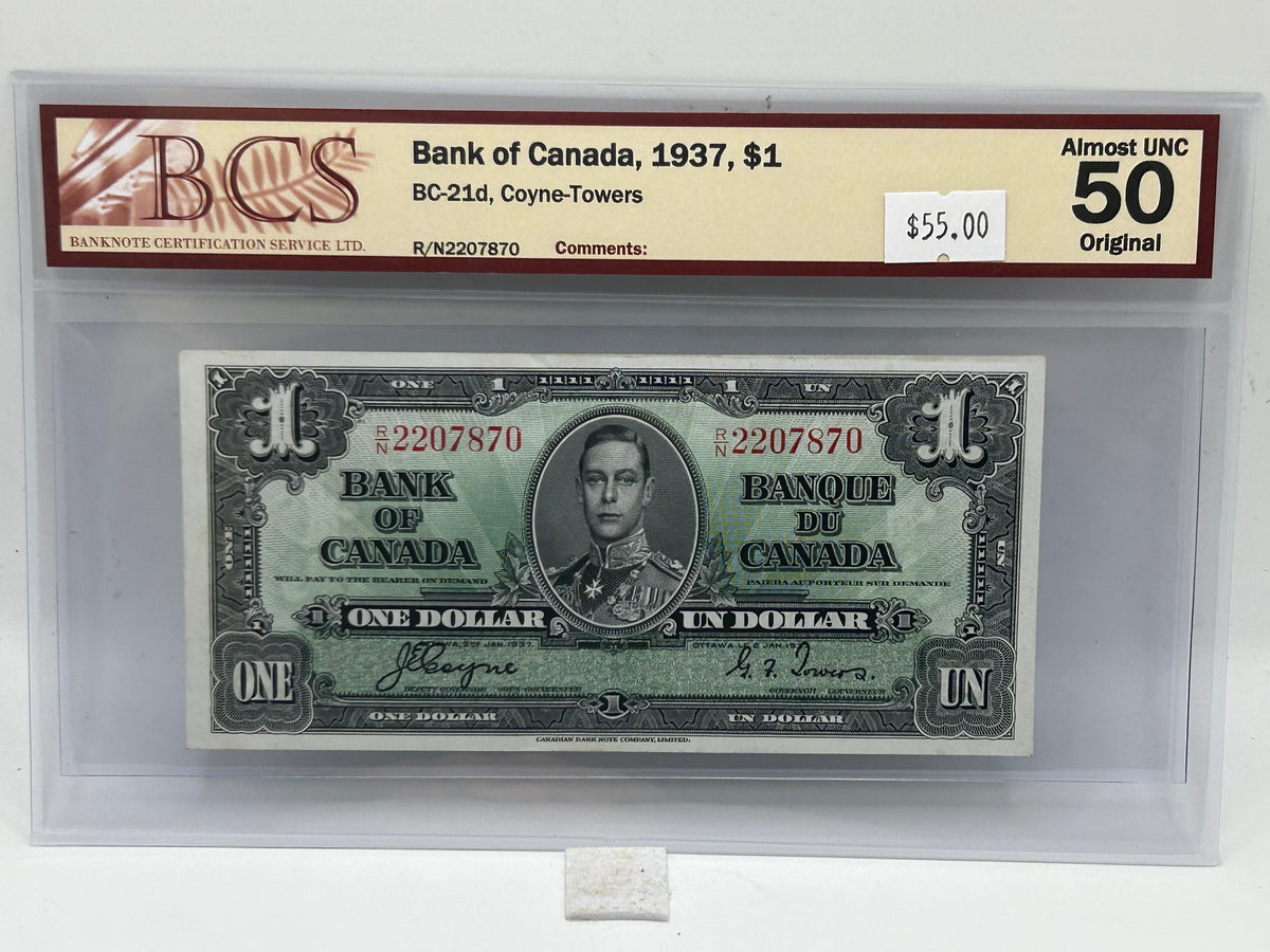 1937 Bank of Canada $1 BC-21d Coyne-Towers BCS Almost UNC 50 Original - Obverse