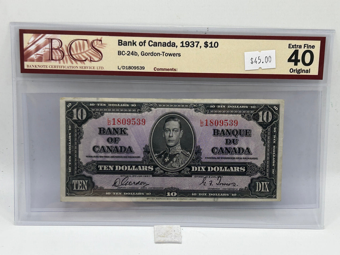 1937 Bank of Canada $10 BC-24b Gordon-Towers BCS Extra Fine 40 Original - Obverse