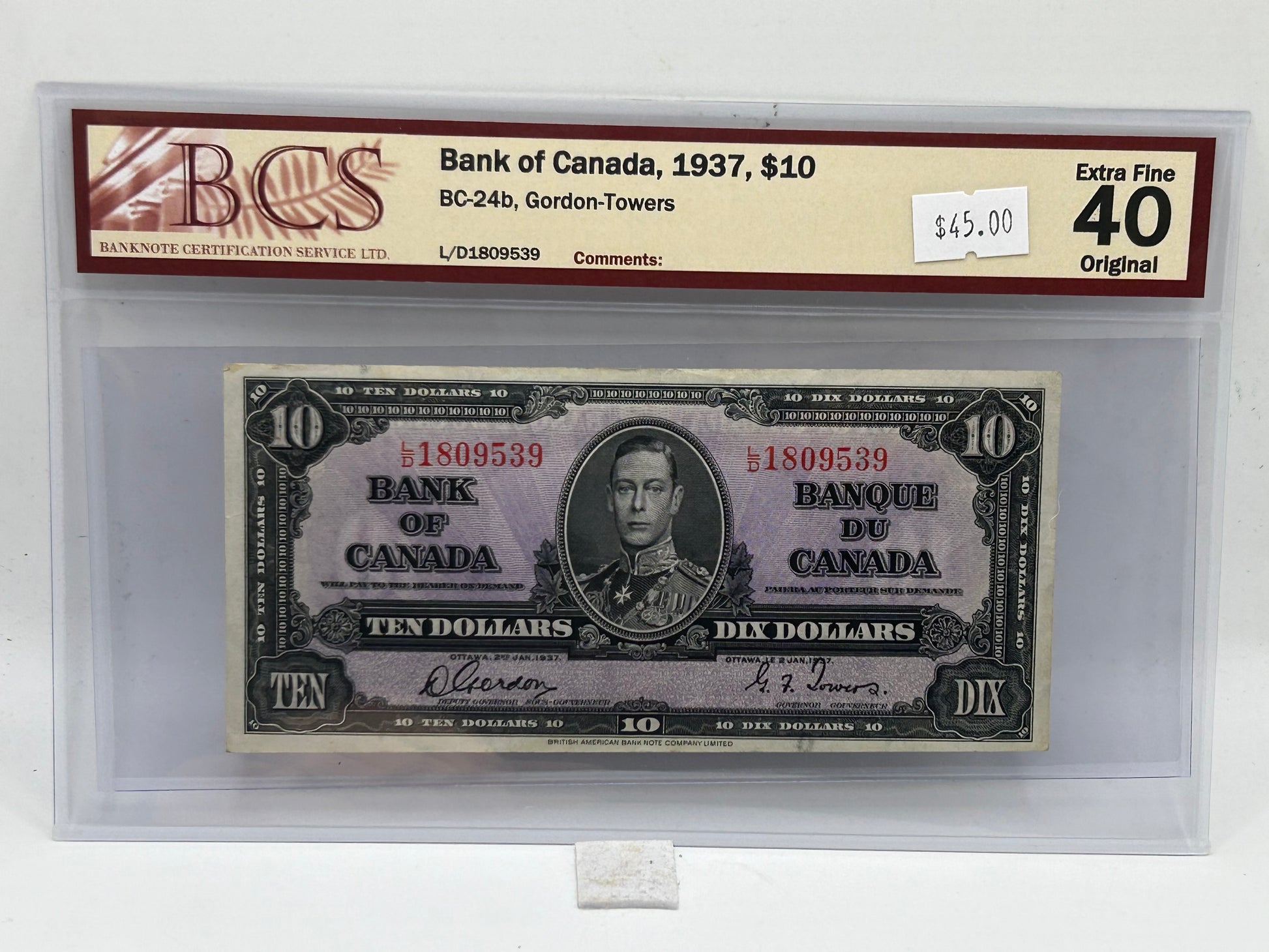 1937 Bank of Canada $10 BC-24b Gordon-Towers BCS Extra Fine 40 Original - Obverse