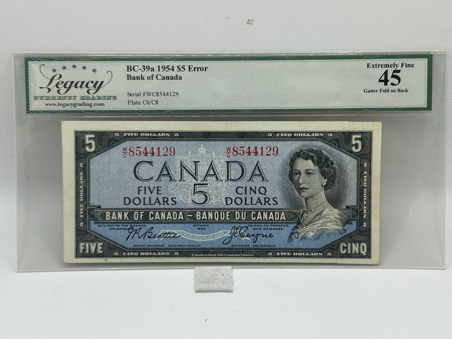 1954 Bank of Canada $5 Error BC-39a Beattie-Coyne Gutter Fold on Back Legacy Extremely Fine 45 - Obverse