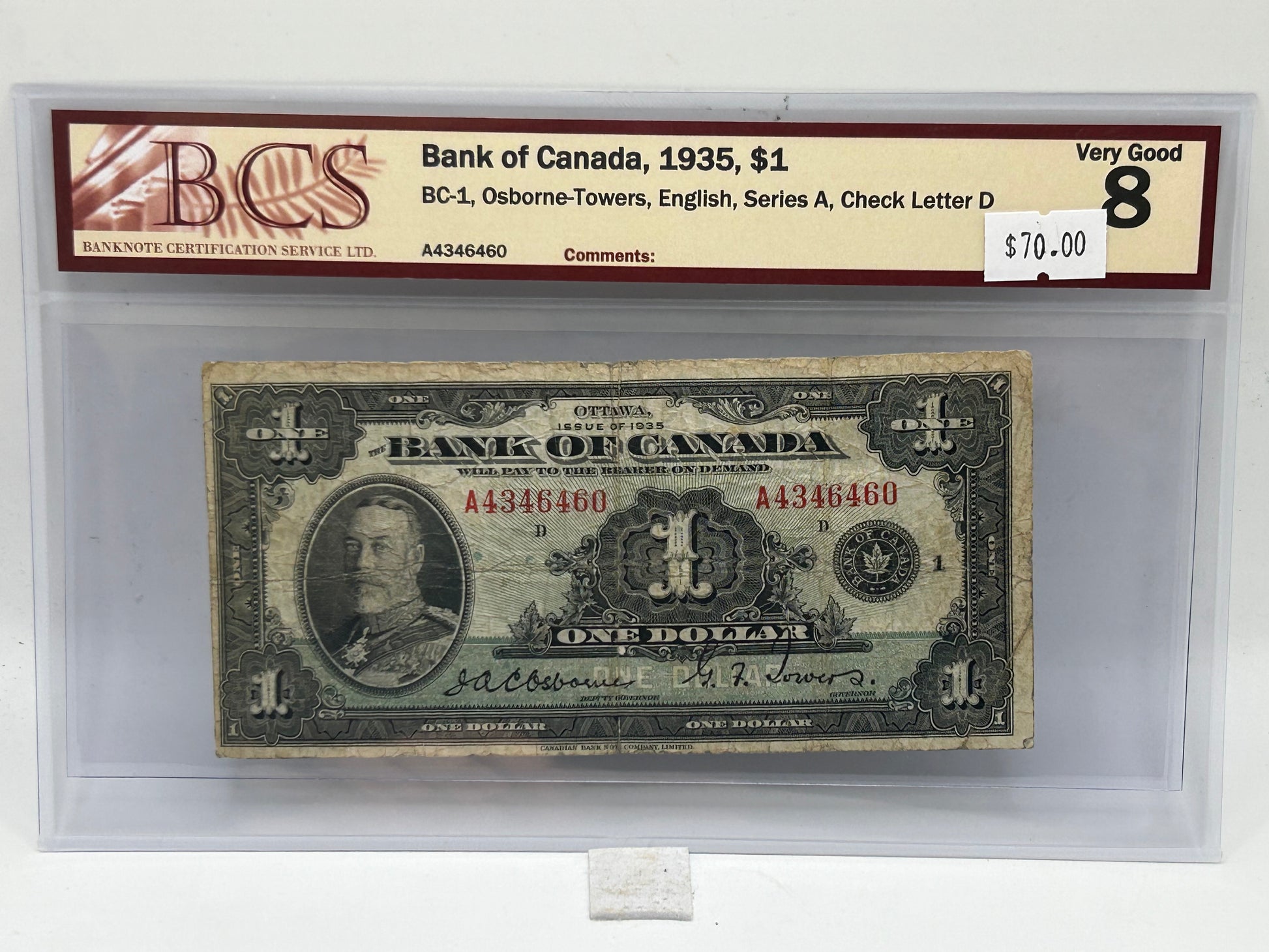 1935 Bank of Canada $1 BC-1 Osborne-Towers English Series A Check Letter D BCS Very Good 8 - Obverse