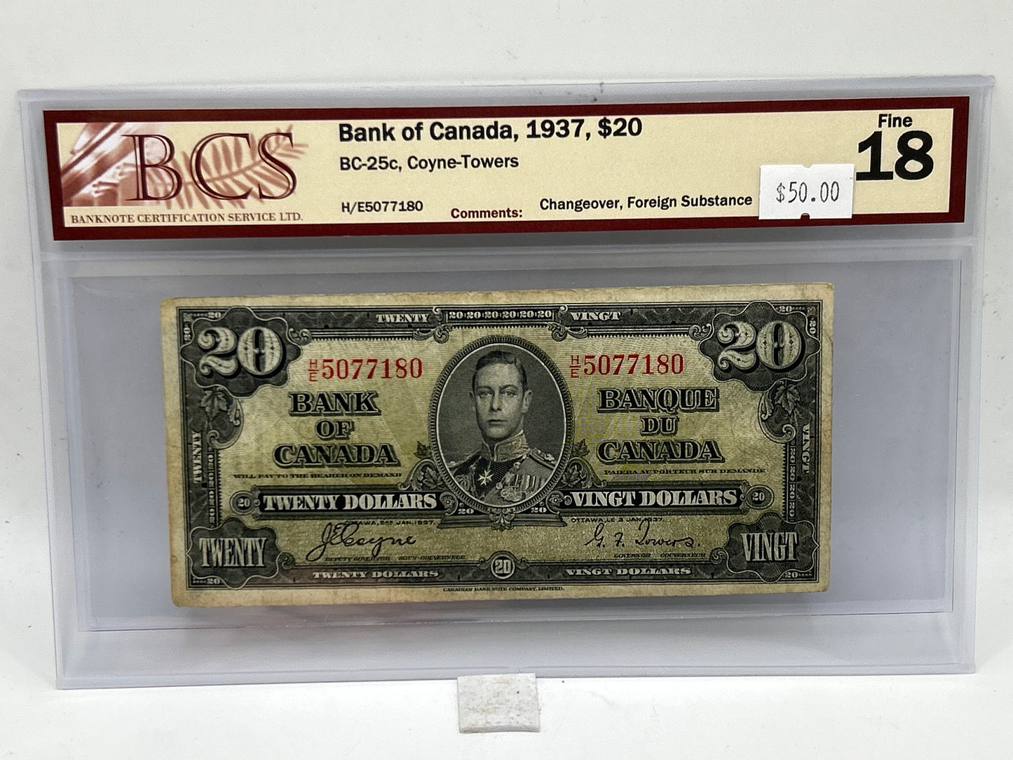 1937 Bank of Canada $20 BC-25c Coyne-Towers Changeover BCS Fine 18 - Obverse