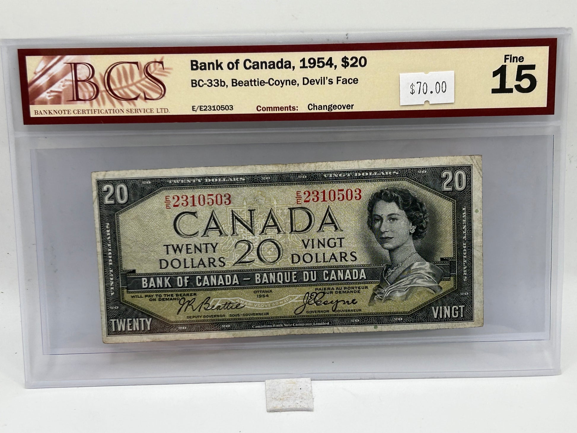 1954 Bank of Canada $20 BC-33b Beattie-Coyne Devil's Face Changeover BCS Fine 15 - Obverse