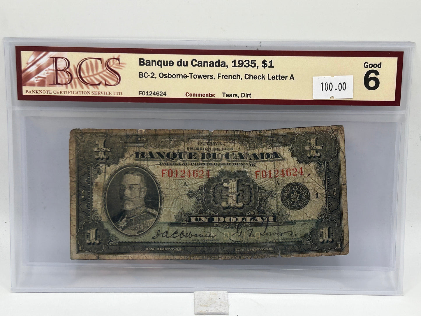 1935 Banque du Canada $1 BC-2 Osborne-Towers French Check Letter A BCS Good 6 - Reverse