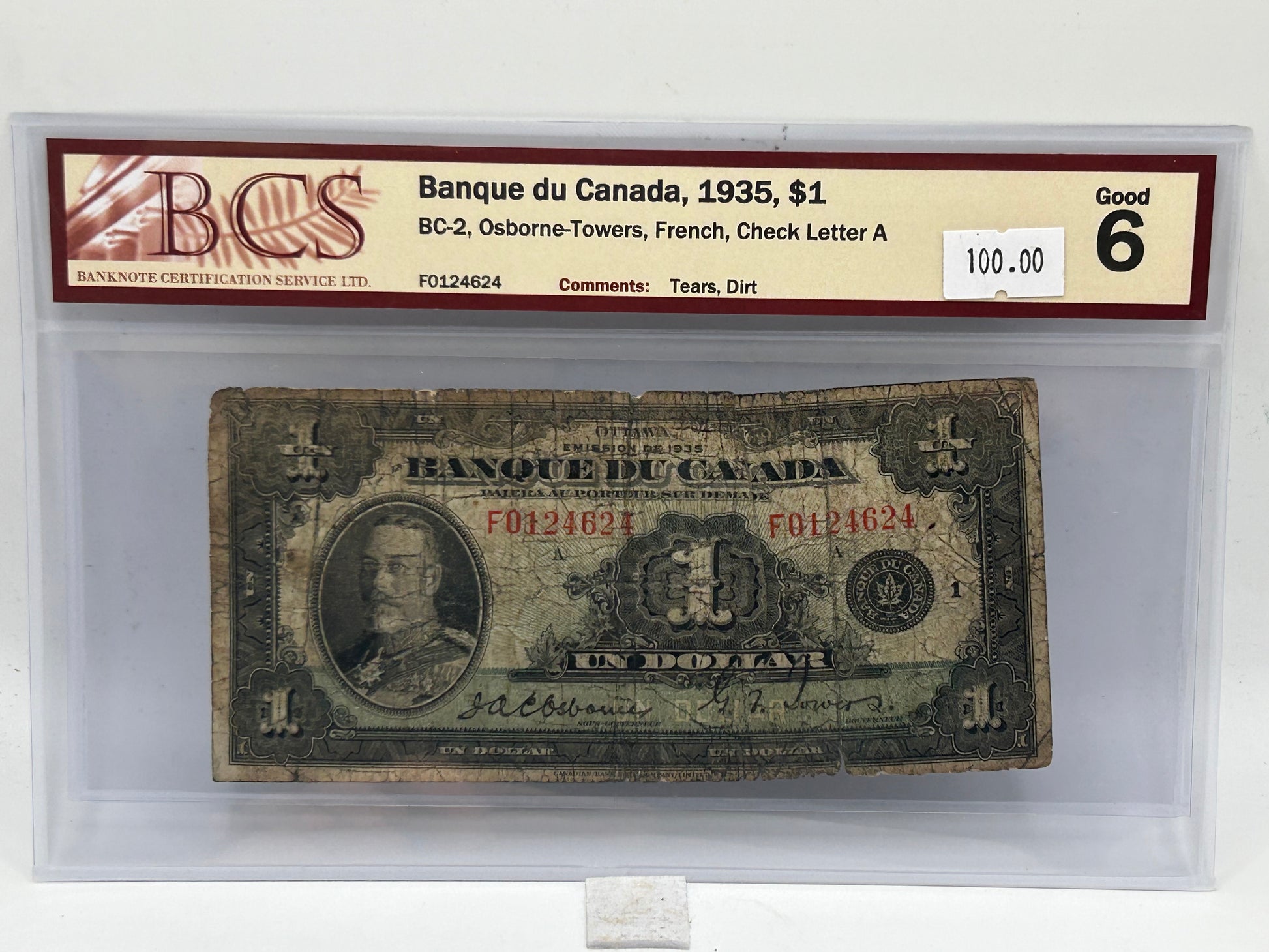 1935 Banque du Canada $1 BC-2 Osborne-Towers French Check Letter A BCS Good 6 - Reverse