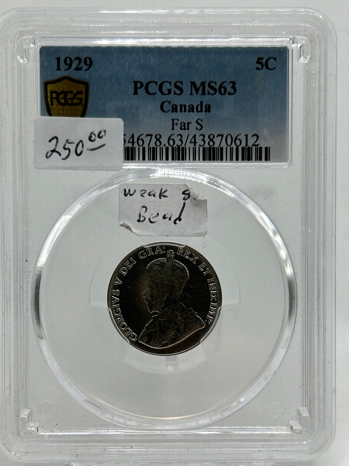 1929 Canada 5 Cents PCGS MS 63 Far S Variety King George V — Obverse