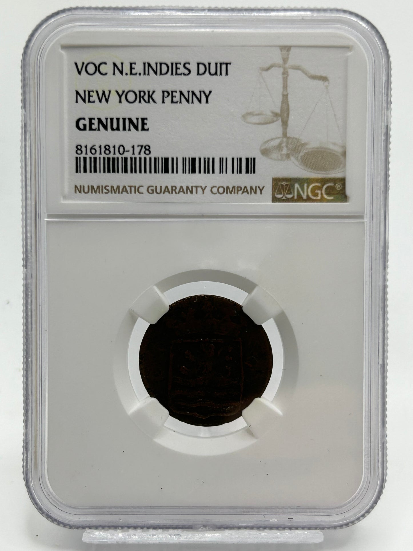 VOC Netherlands East Indies Duit NGC Genuine New York Penny — Obverse