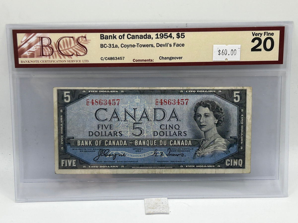 1954 Bank of Canada $5 BC-31a Coyne-Towers Devil's Face Changeover BCS Very Fine 20 - Obverse