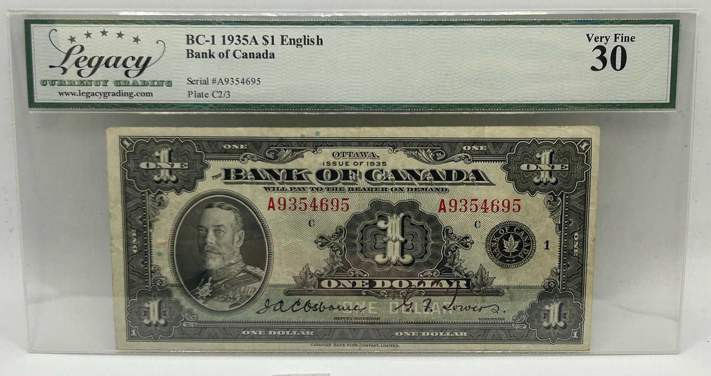 1935A Bank of Canada $1 English BC-1 Osborne-Towers Legacy Very Fine 30 - Obverse