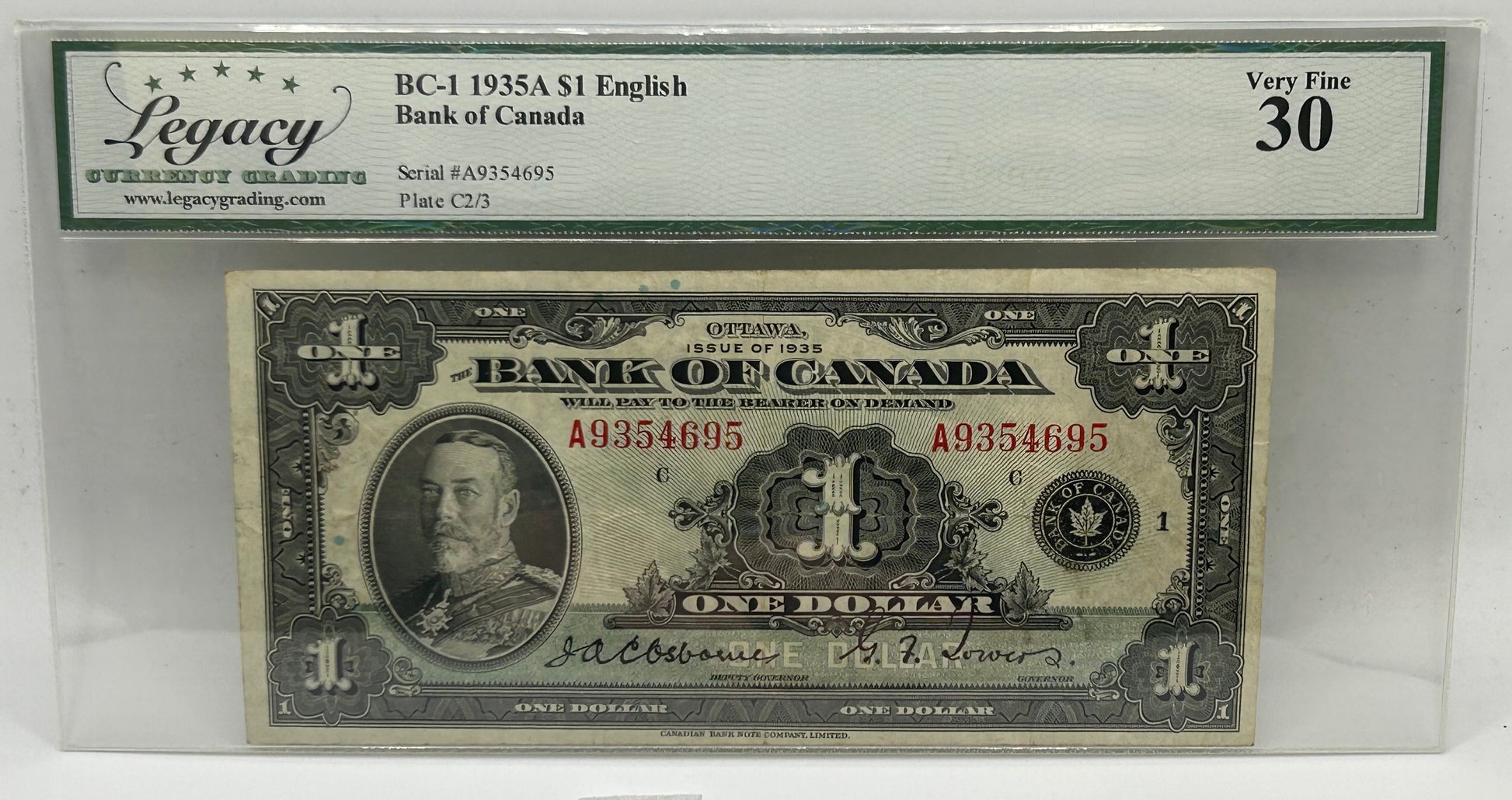 1935A Bank of Canada $1 English BC-1 Osborne-Towers Legacy Very Fine 30 - Obverse