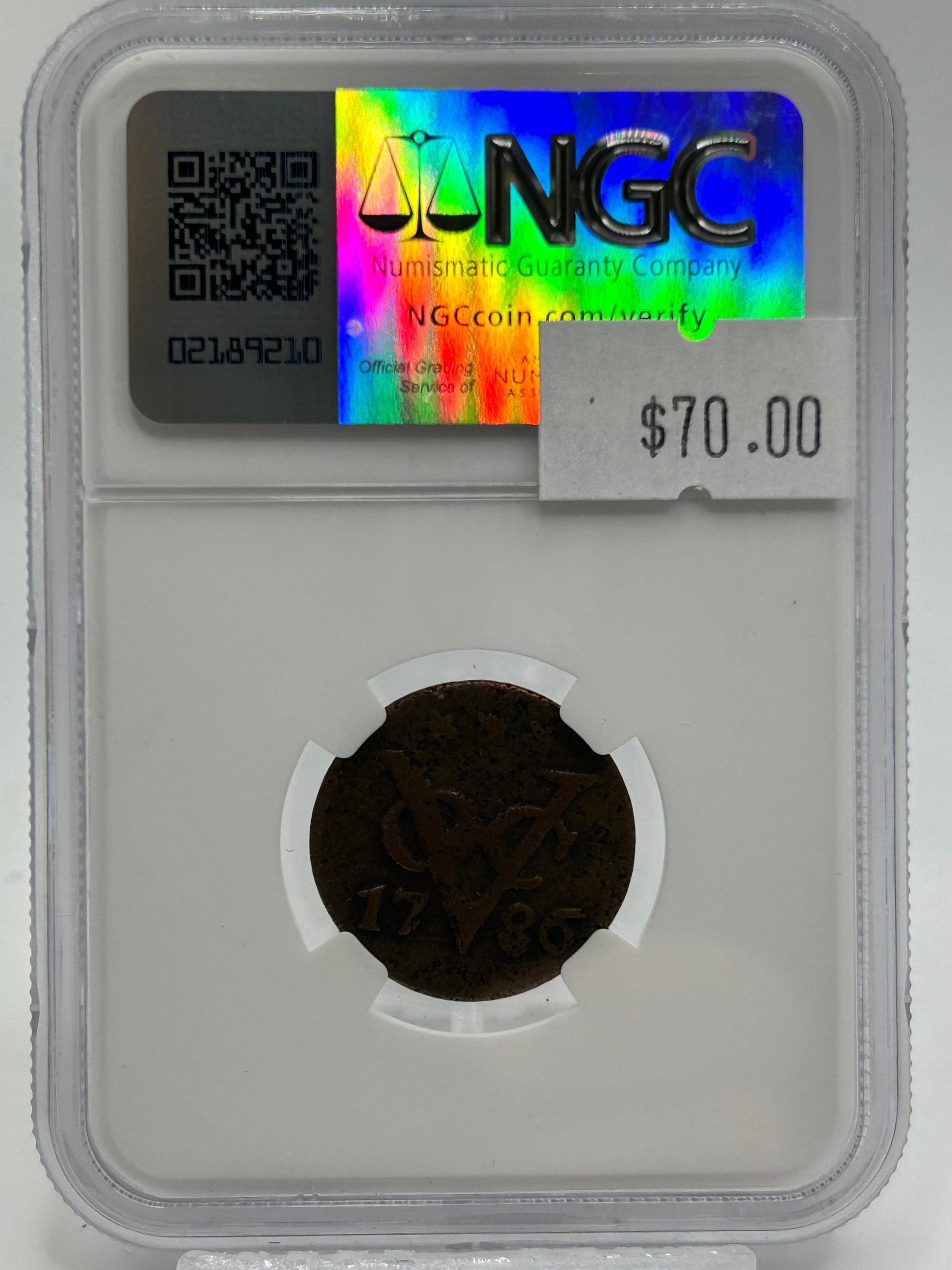 VOC Netherlands East Indies Duit NGC Genuine New York Penny — Reverse
