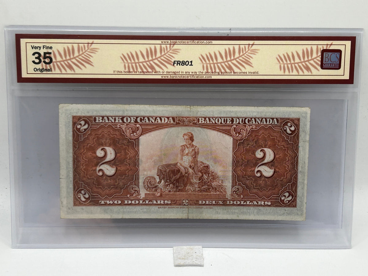 1937 Bank of Canada $2 BC-22c Coyne-Towers BCS Very Fine 35 Original - Reverse