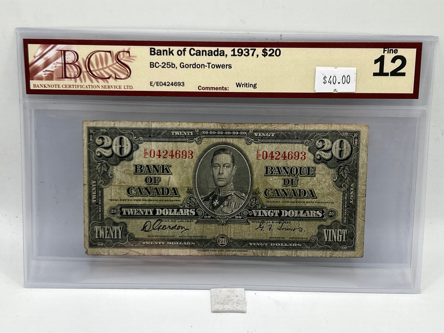 1937 Bank of Canada $20 BC-25b Gordon-Towers BCS Fine 12 - Obverse