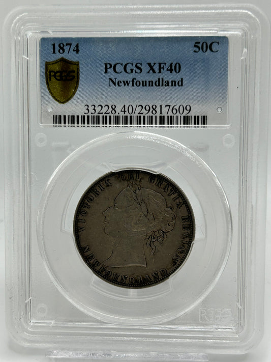 1874 Newfoundland 50 Cents PCGS XF 40 — Obverse