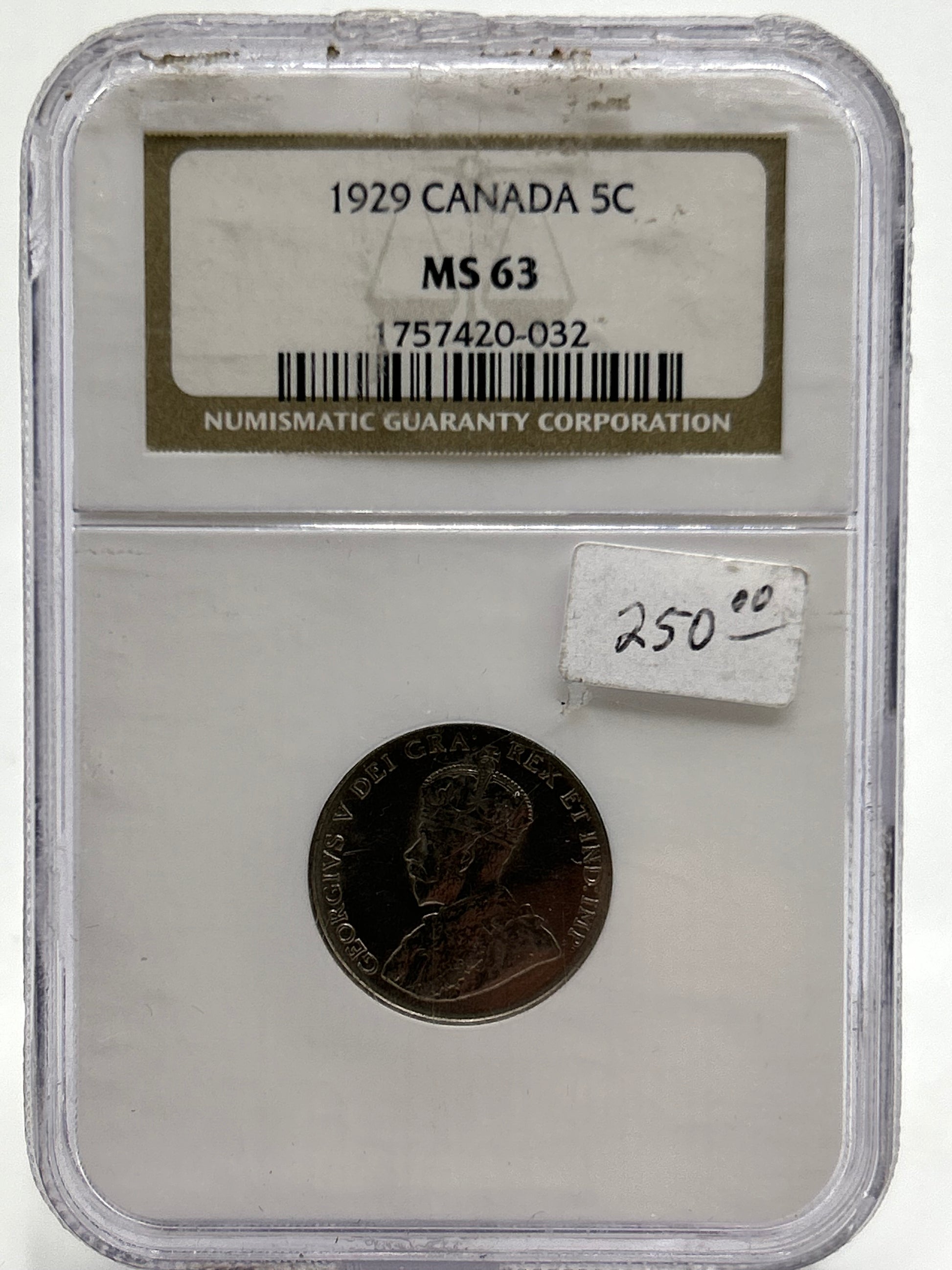 1929 Canada 5 Cents NGC MS 63 King George V — Obverse