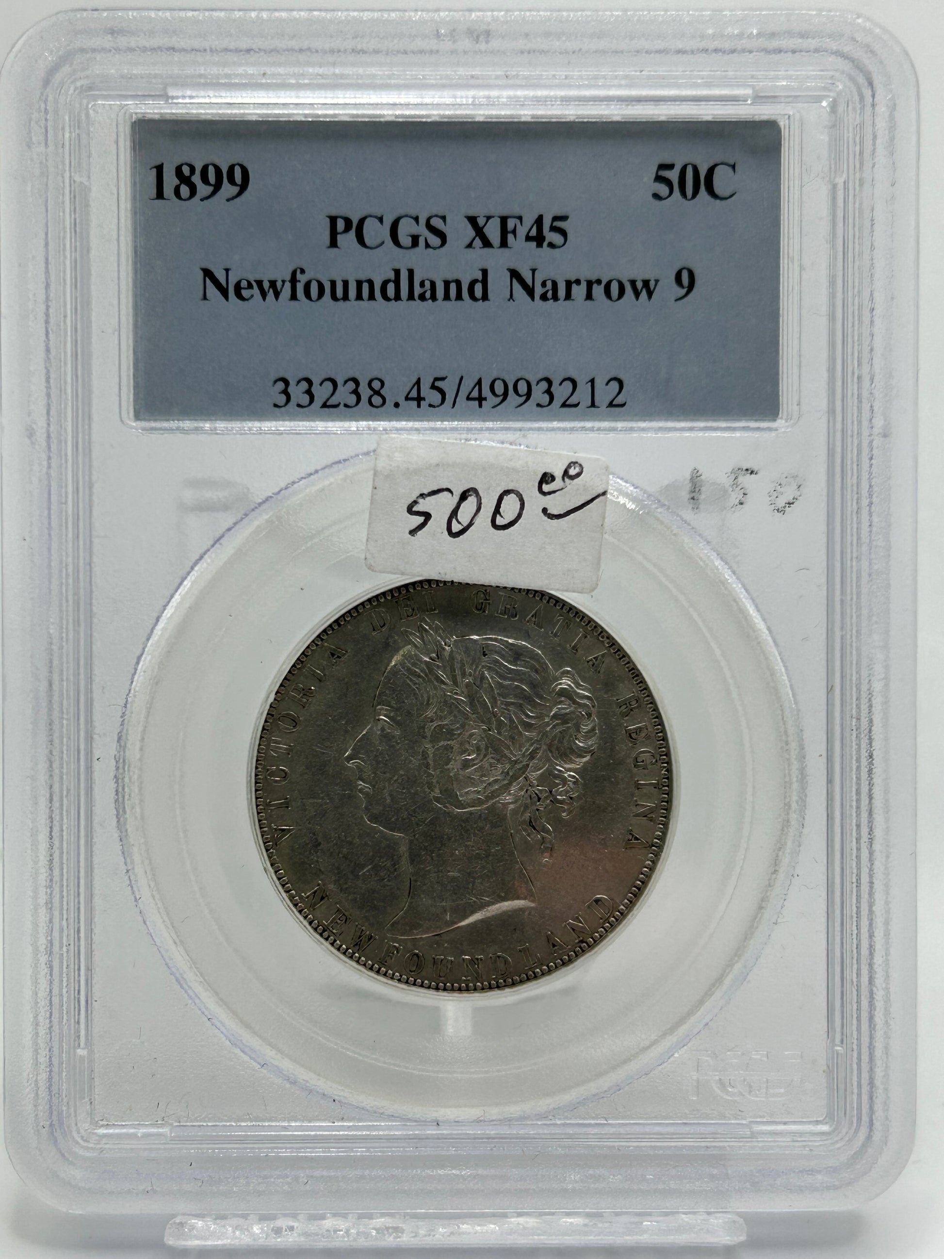 1899 Newfoundland 50 Cents PCGS XF 45 Narrow 9 Variety Queen Victoria — Obverse