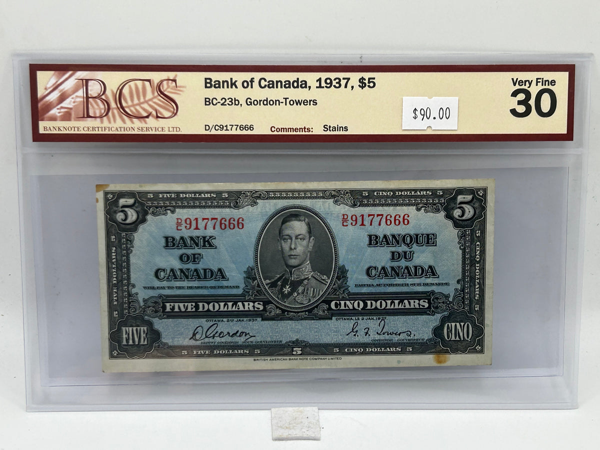 1937 Bank of Canada $5 BC-23b Gordon-Towers BCS Very Fine 30 - Obverse