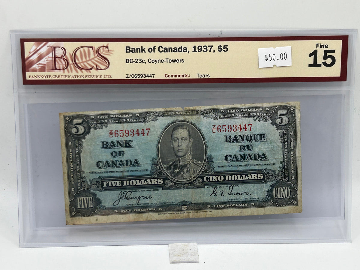 1937 Bank of Canada $5 BC-23c Coyne-Towers Replacement BCS Fine 15 - Obverse