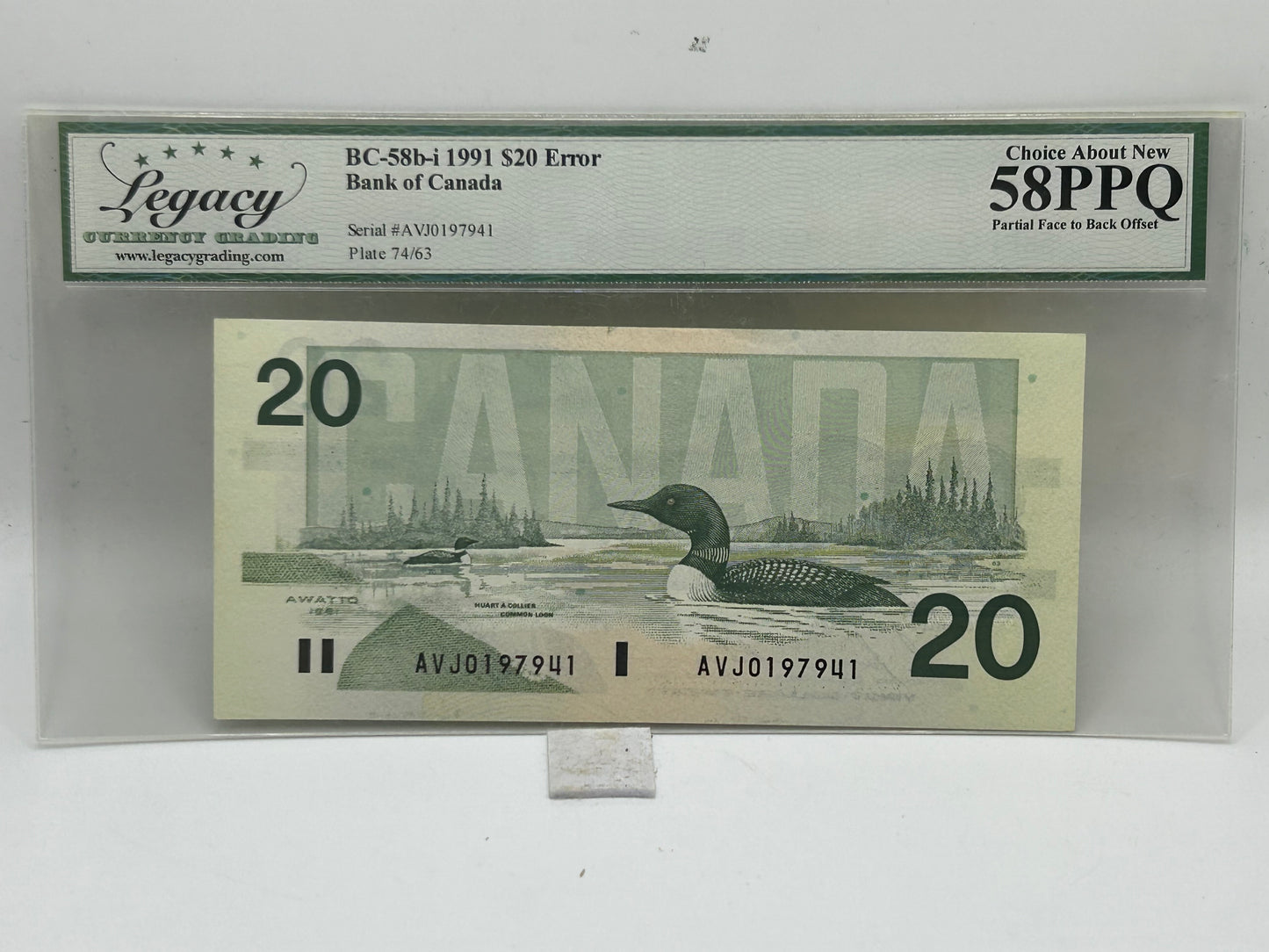 1991 Bank of Canada $20 Error BC-58b-i Bonin-Thiessen Partial Face to Back Offset Legacy 58PPQ - Obverse