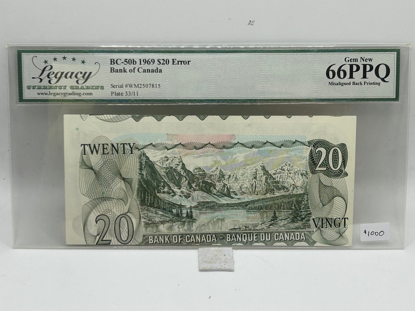 1969 Bank of Canada $20 Error BC-50b Lawson-Bouey Misaligned Back Printing Legacy Gem New 66PPQ - Obverse