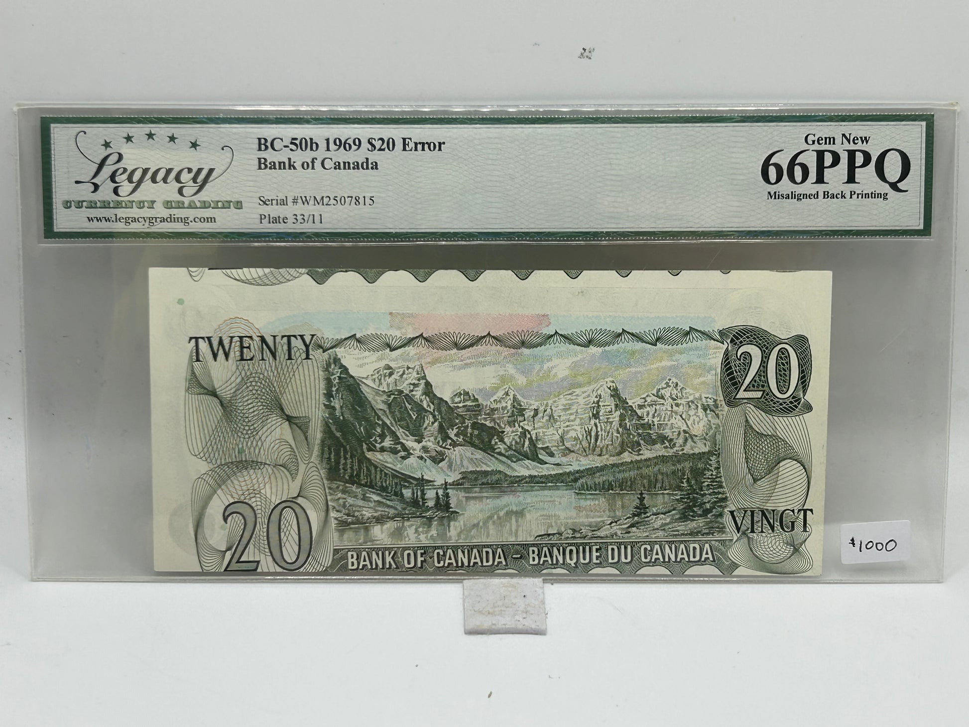 1969 Bank of Canada $20 Error BC-50b Lawson-Bouey Misaligned Back Printing Legacy Gem New 66PPQ - Obverse