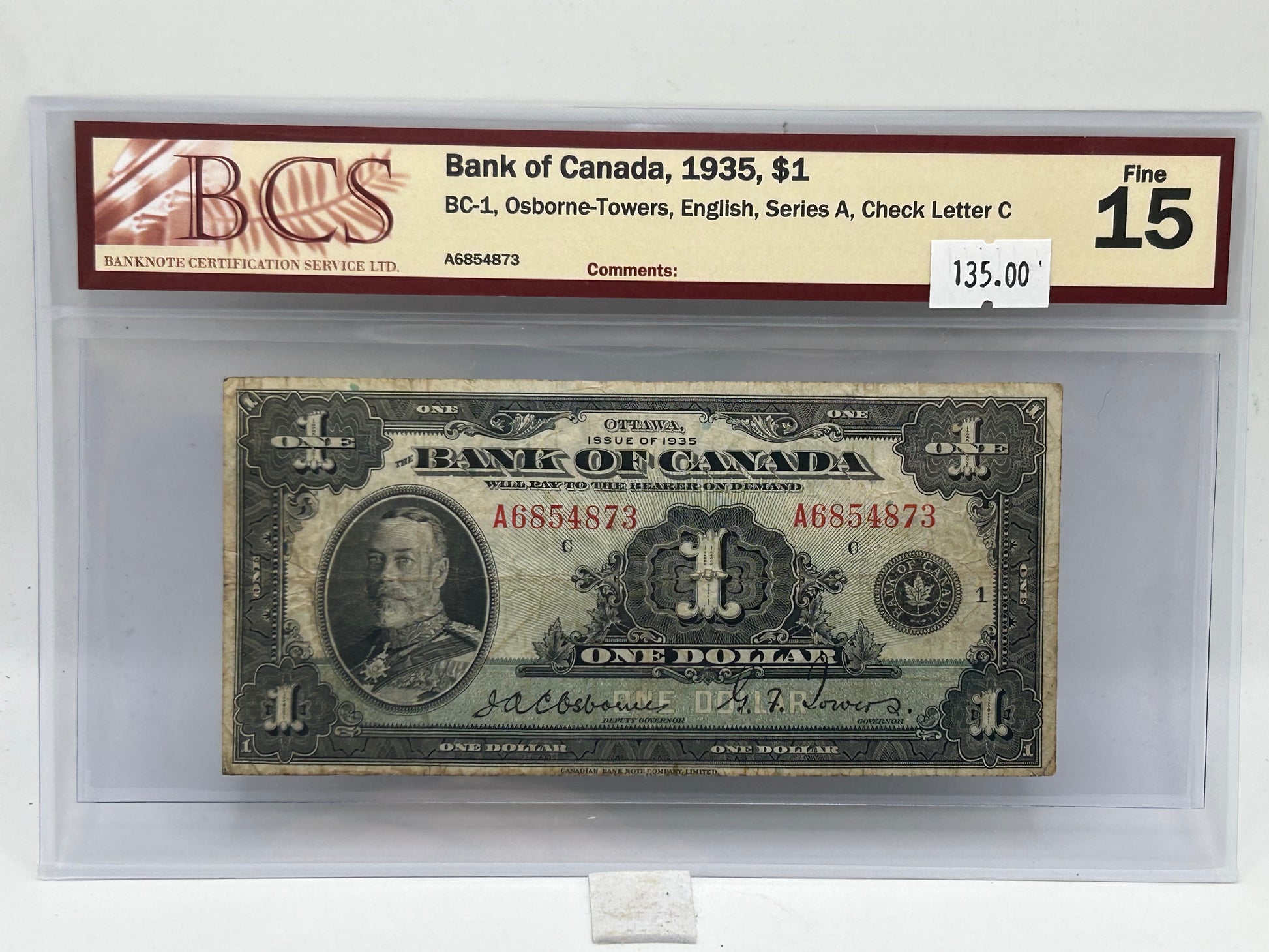 1935 Bank of Canada $1 BC-1 Osborne-Towers English Series A Check Letter C BCS Fine 15 - Obverse